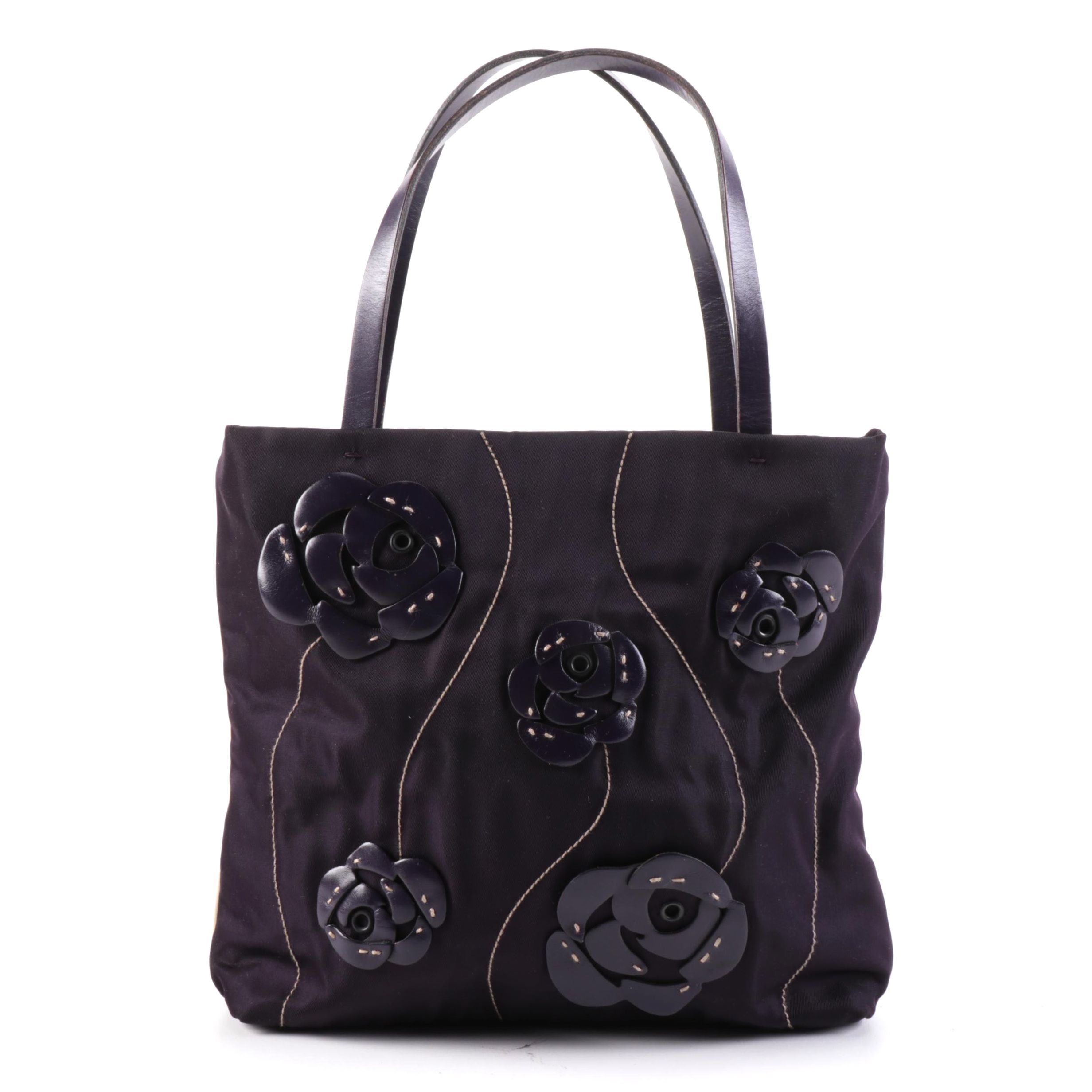 Prada Tessuto Small Tote Bag with Contrast Piping and Appliquéd Leather Roses