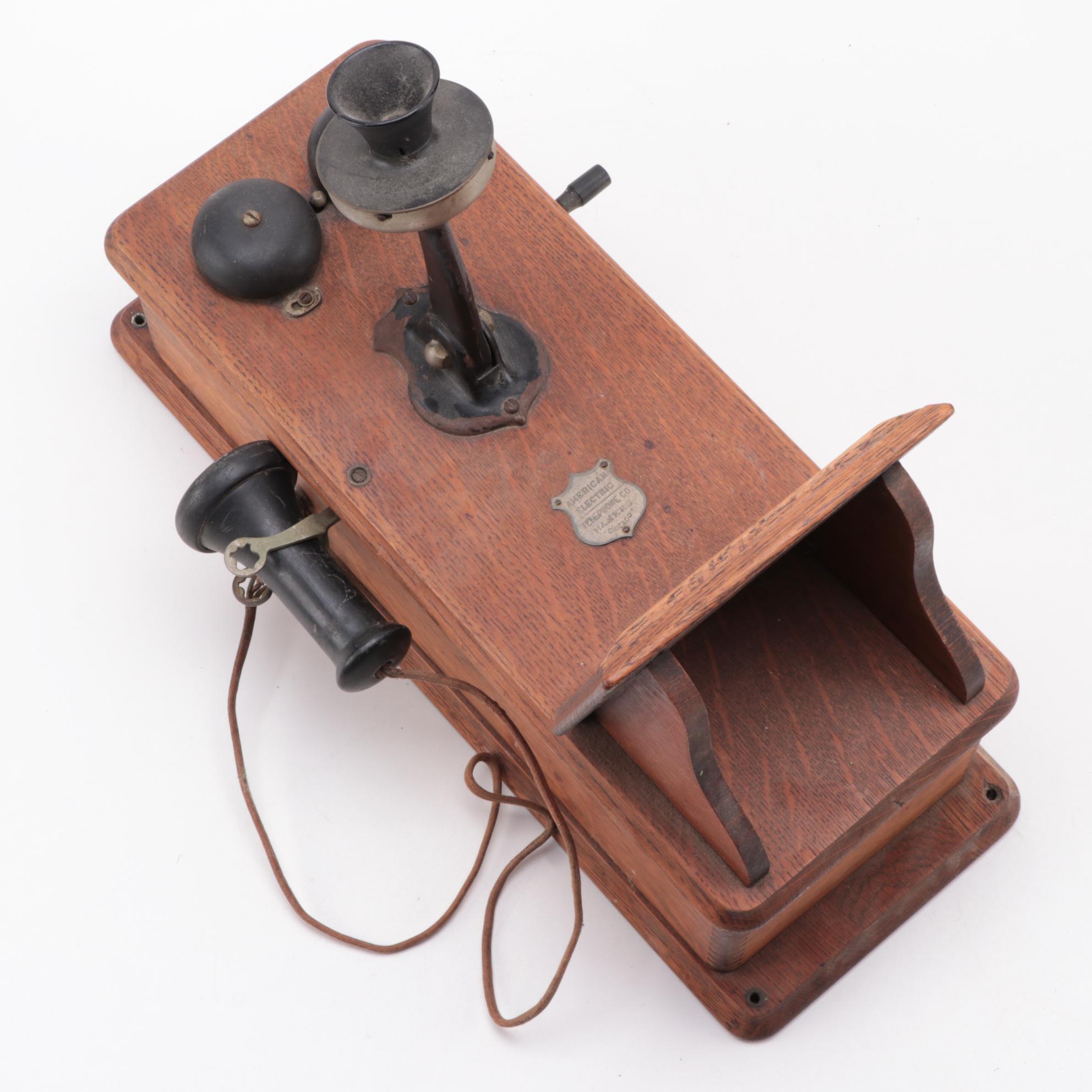 American Electric Oak Wood Wall Telephone, Early 20th Century