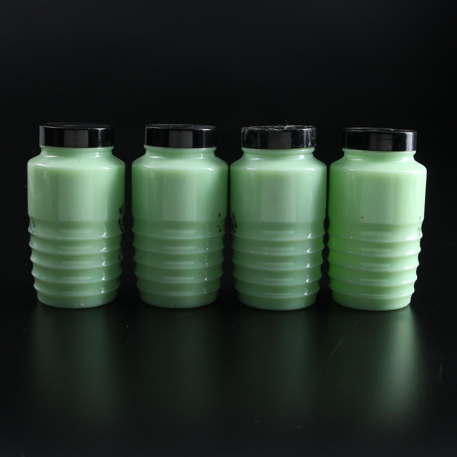 Jeannette Jadeite Ribbed Glass Bathroom Canisters, Early to Mid 20th Century