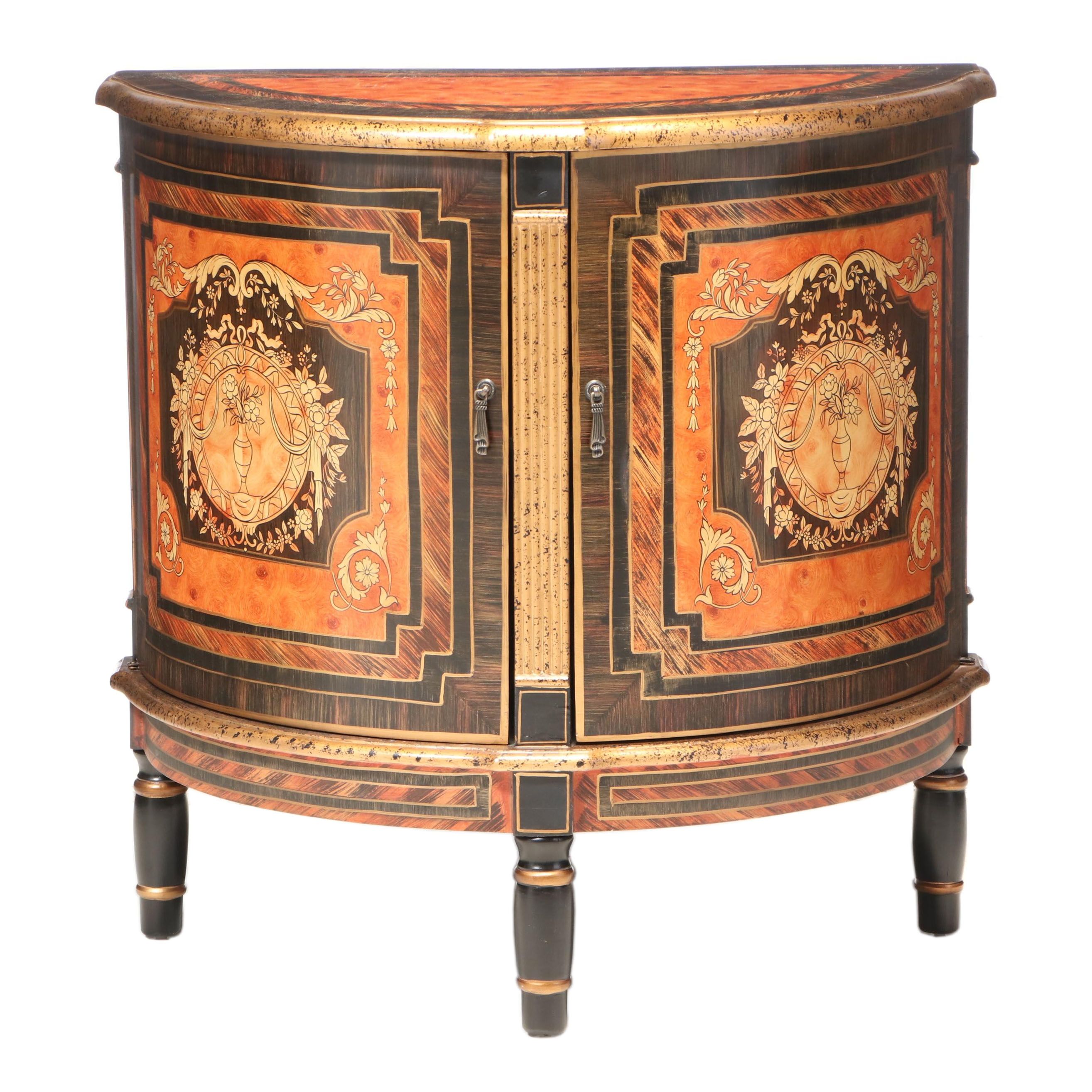 Neoclassical Style Ebonized, Paint-Decorated, and Parcel-Gilt Demilune Cabinet