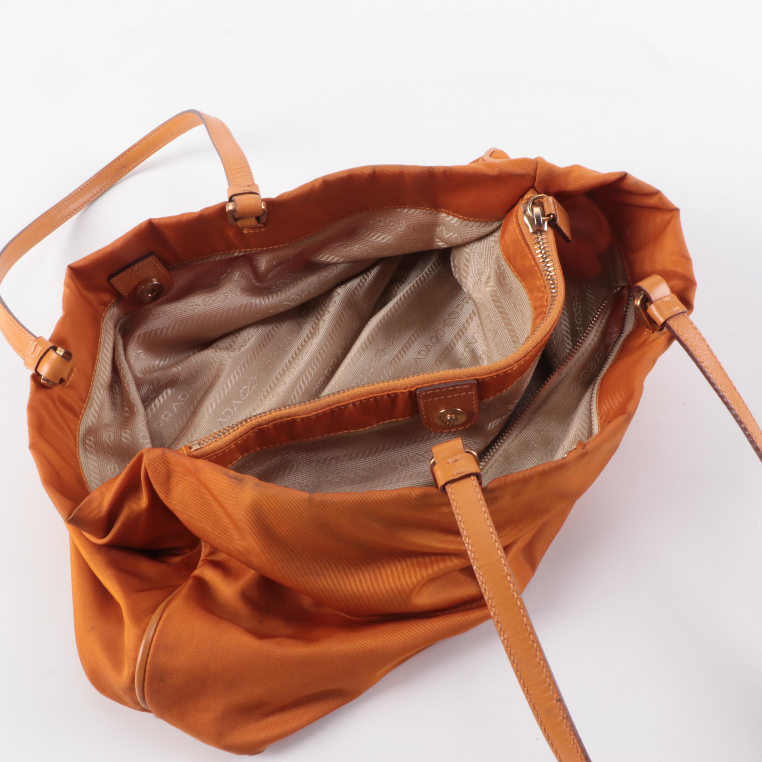 Prada Tessuto Shoulder Bag in Orange Nylon and Leather Trim