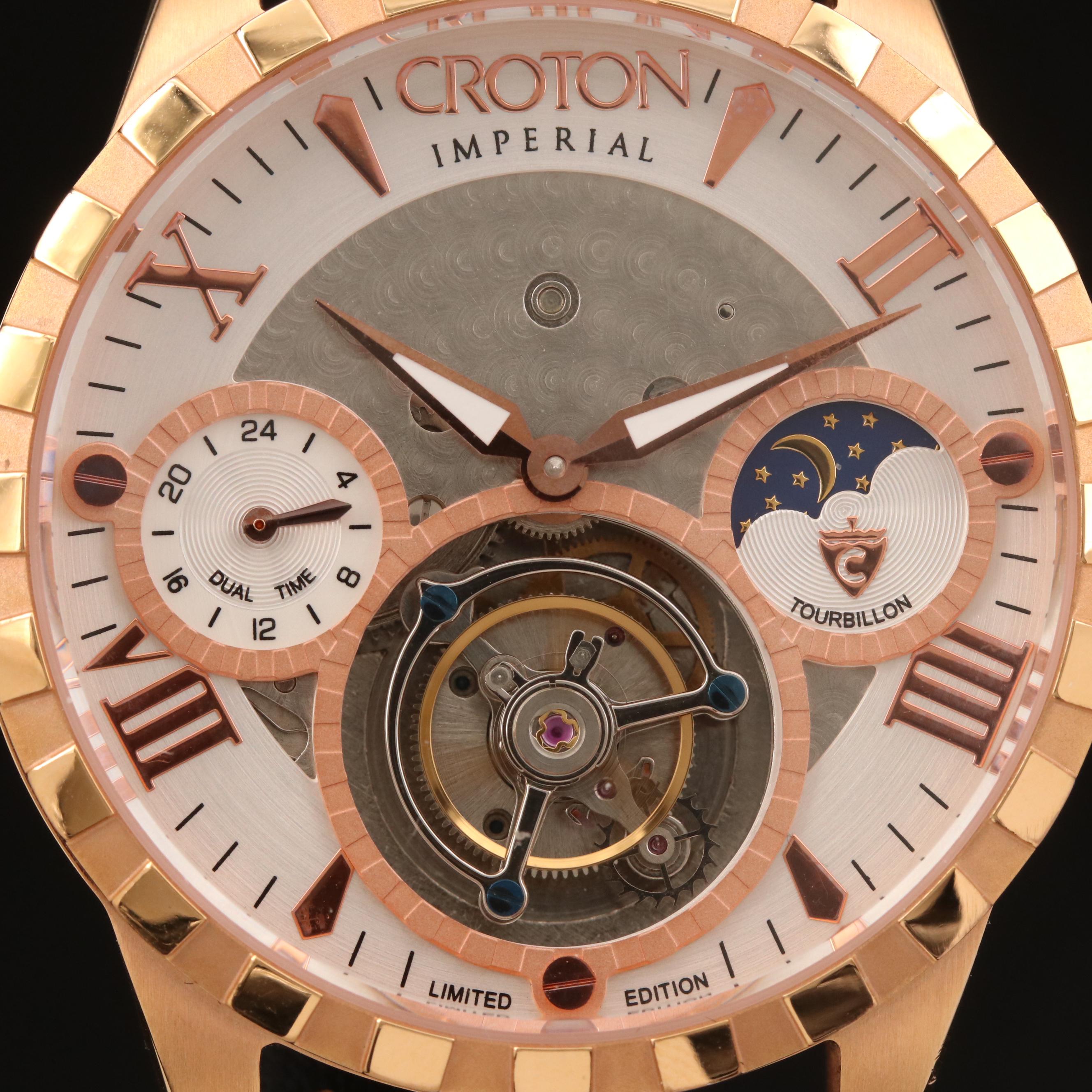 Croton Imperial Tourbillon Rose Gold Tone Stem Wind Watch