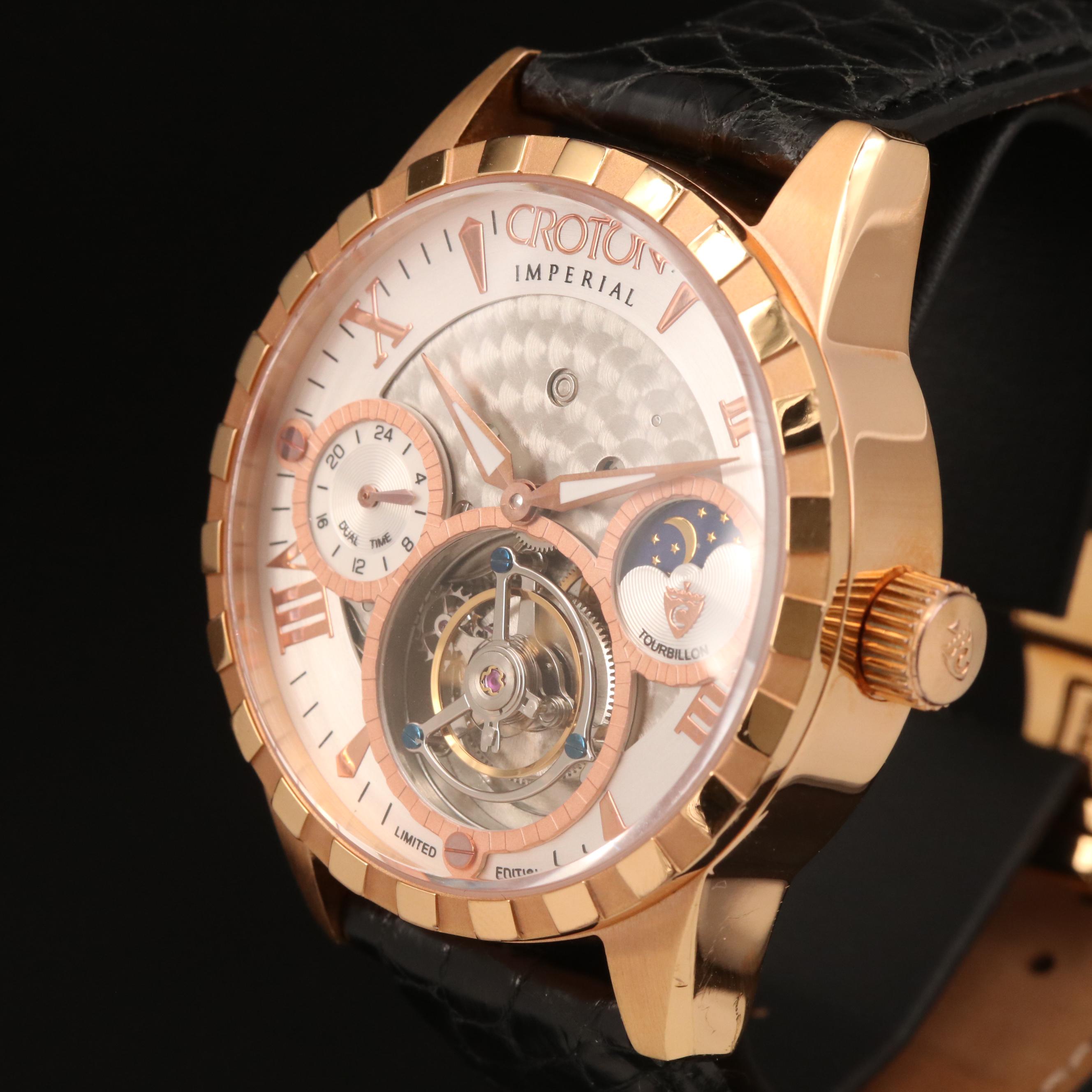 Croton Imperial Tourbillon Rose Gold Tone Stem Wind Watch