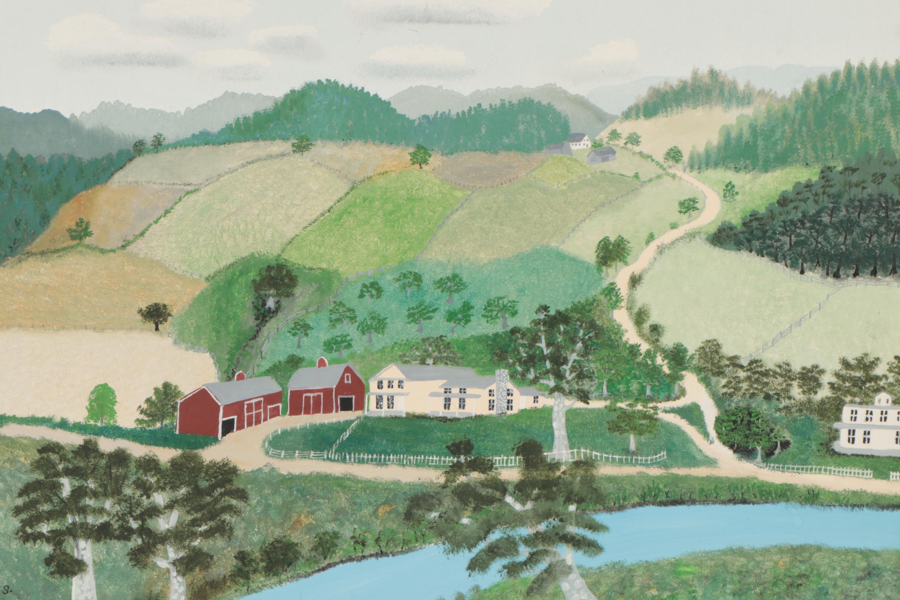 Grandma Moses Folk Tempera Painting "The Sycamore Farm," 1944