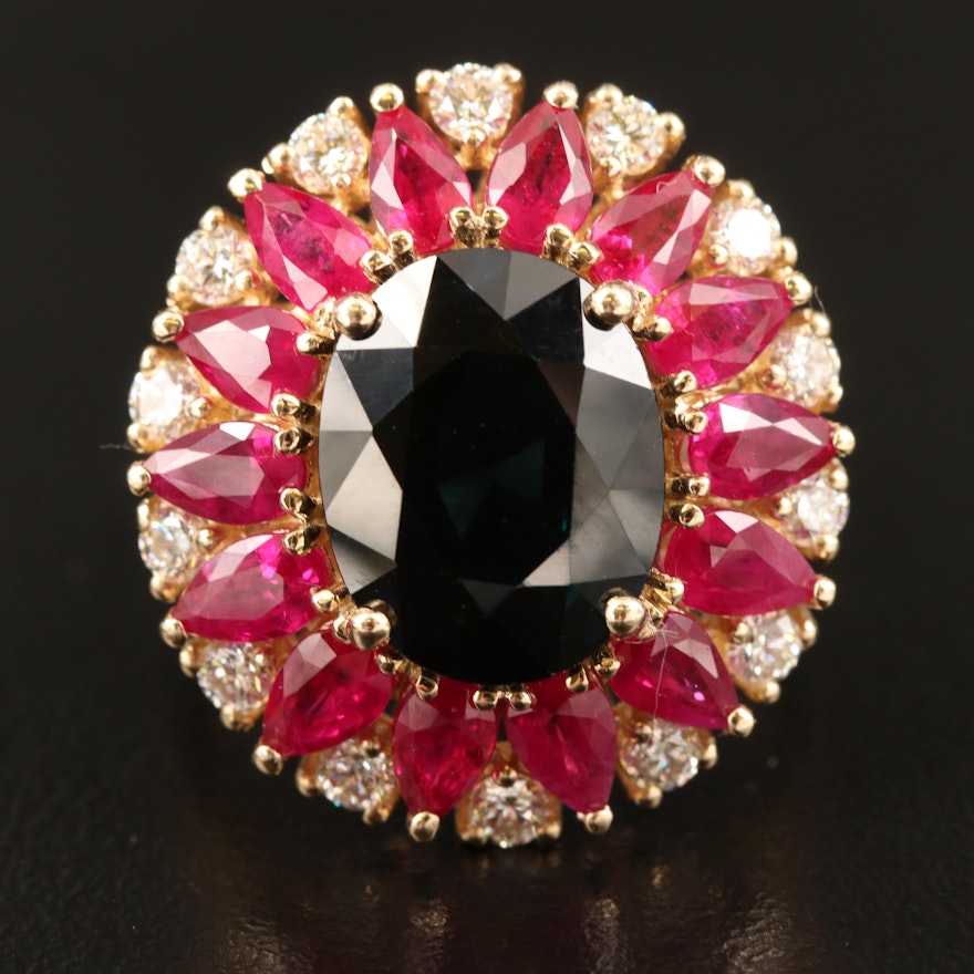 EFFY 14K 5.49 CT Sapphire, Diamond and Ruby Ring