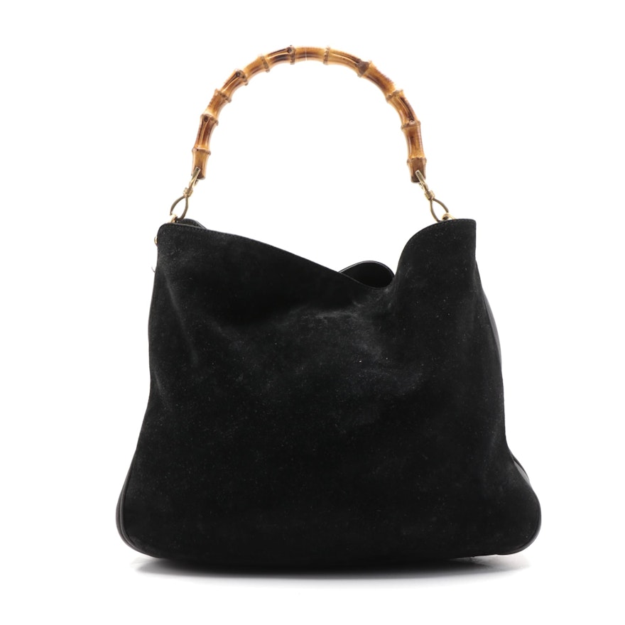 Gucci Bamboo Handle Two-Way Hobo Bag in Black Suede and Leather