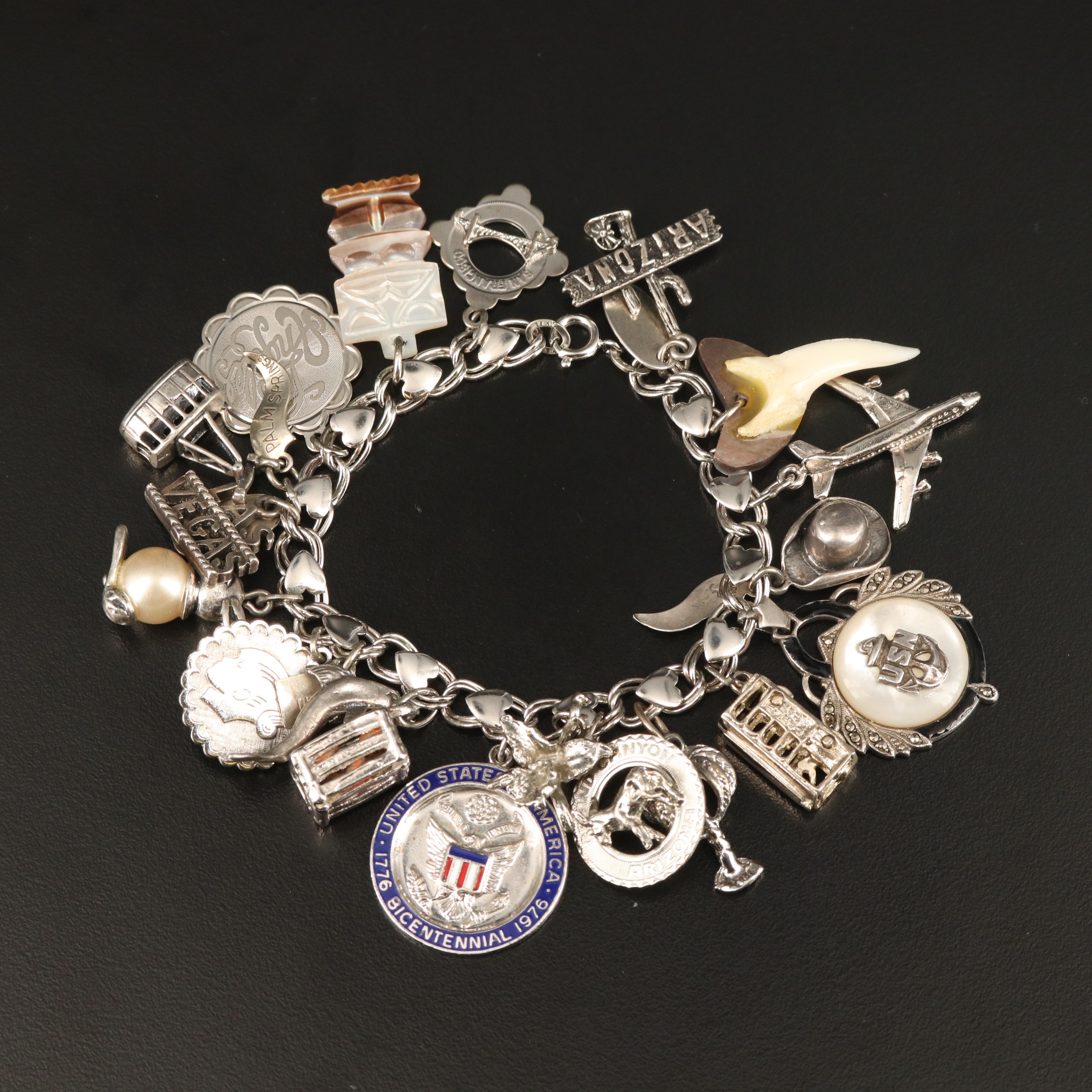 Vintage Beau Sterling Silver Charm Bracelet with Mother of Pearl Tiki Charm