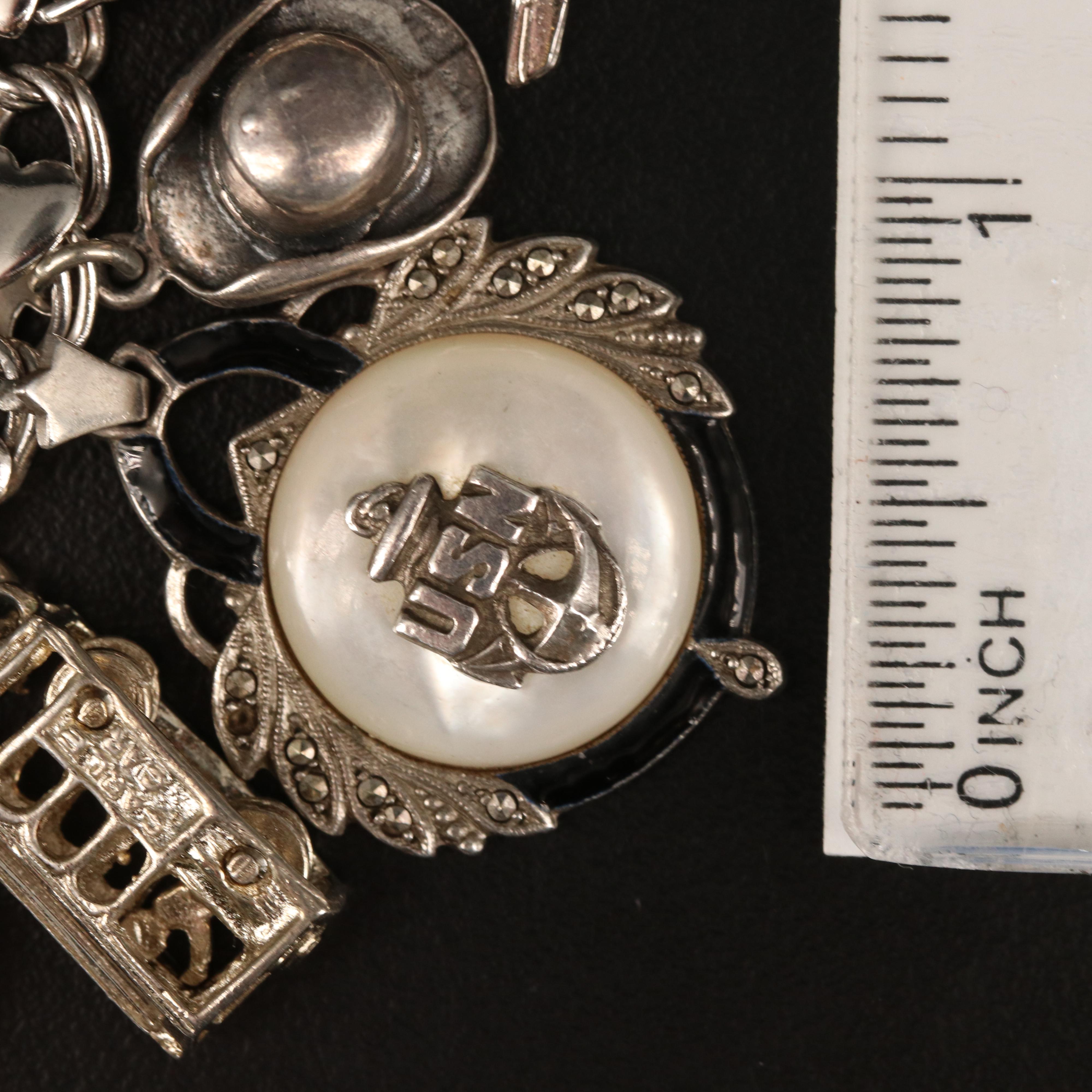 Vintage Beau Sterling Silver Charm Bracelet with Mother of Pearl Tiki Charm