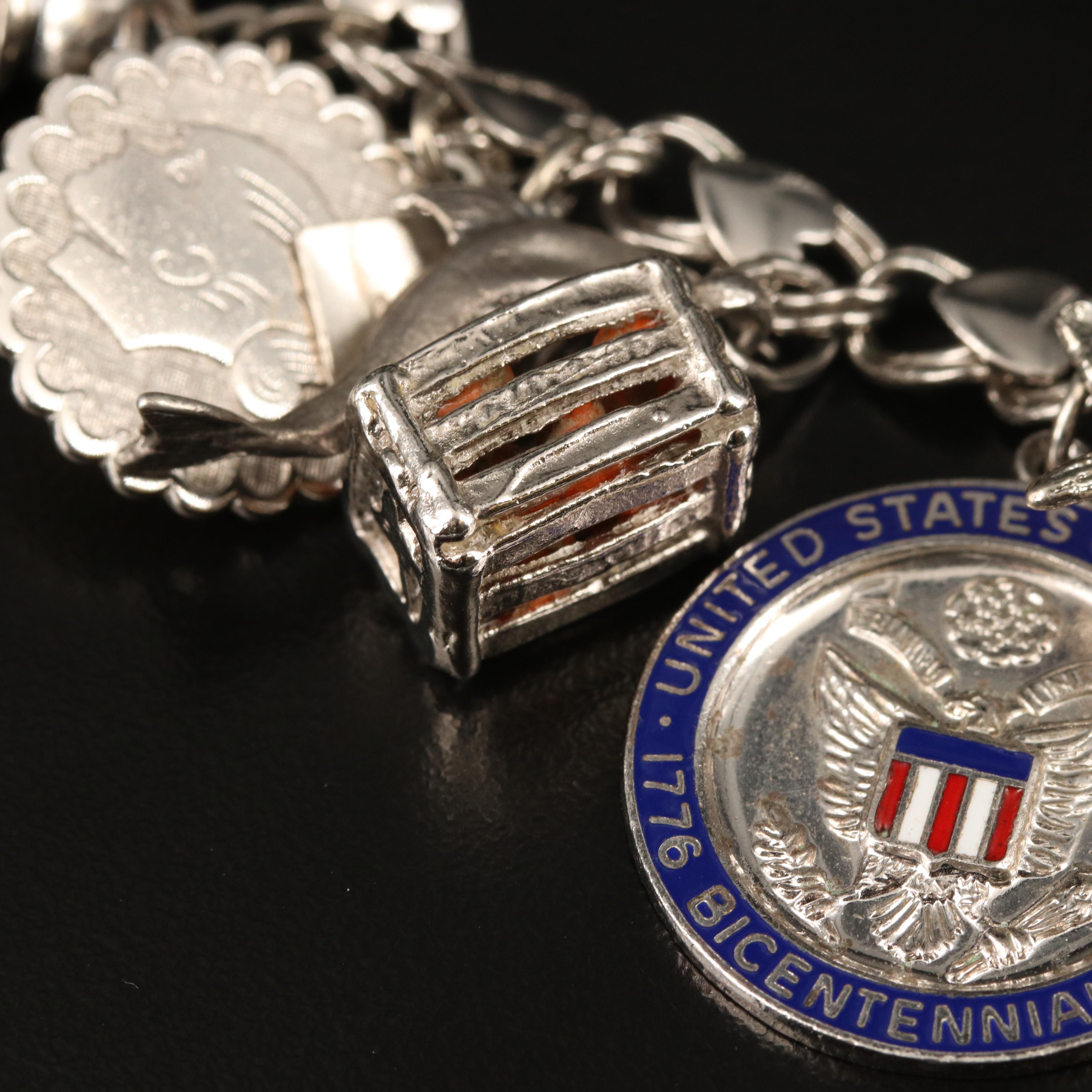 Vintage Beau Sterling Silver Charm Bracelet with Mother of Pearl Tiki Charm