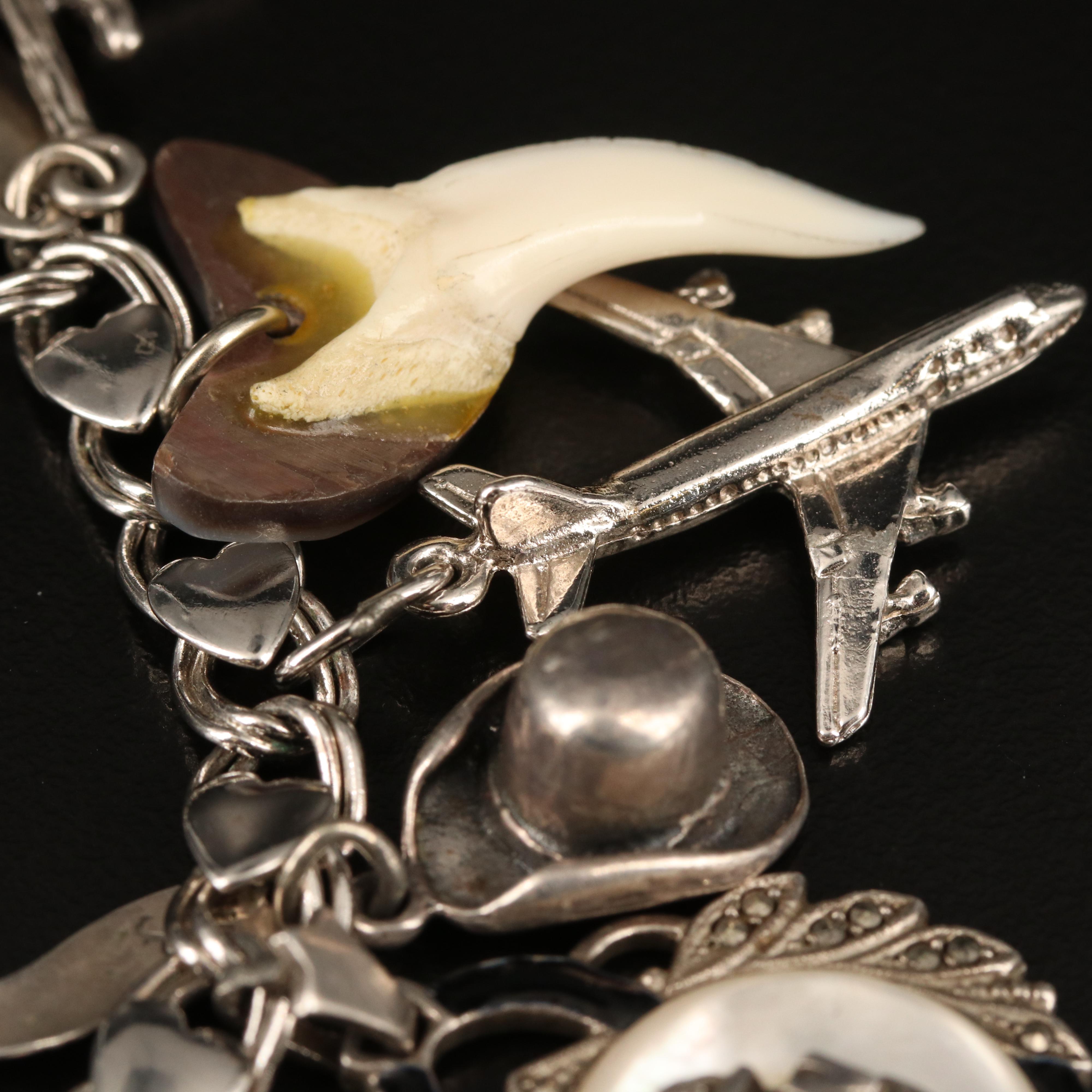 Vintage Beau Sterling Silver Charm Bracelet with Mother of Pearl Tiki Charm