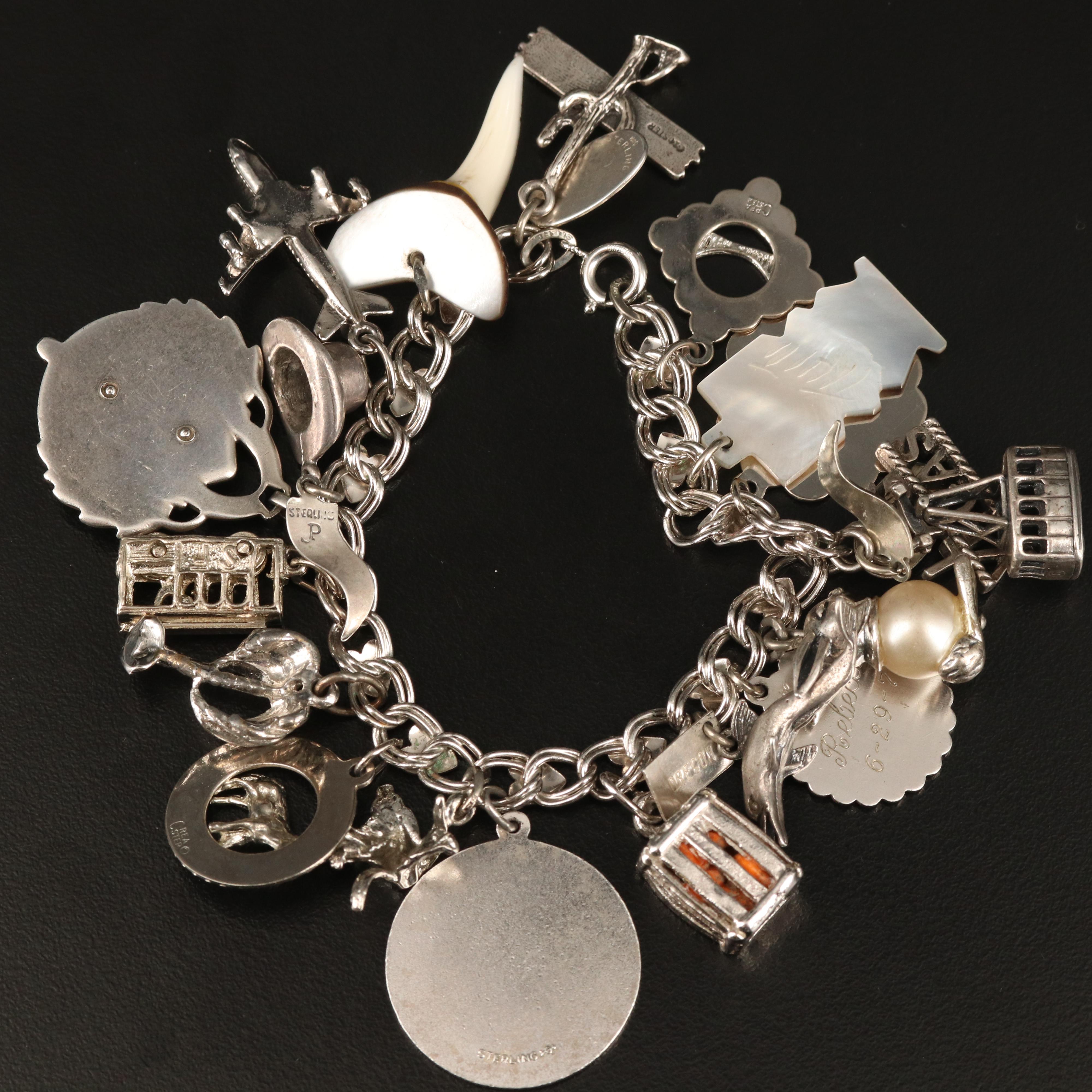 Vintage Beau Sterling Silver Charm Bracelet with Mother of Pearl Tiki Charm