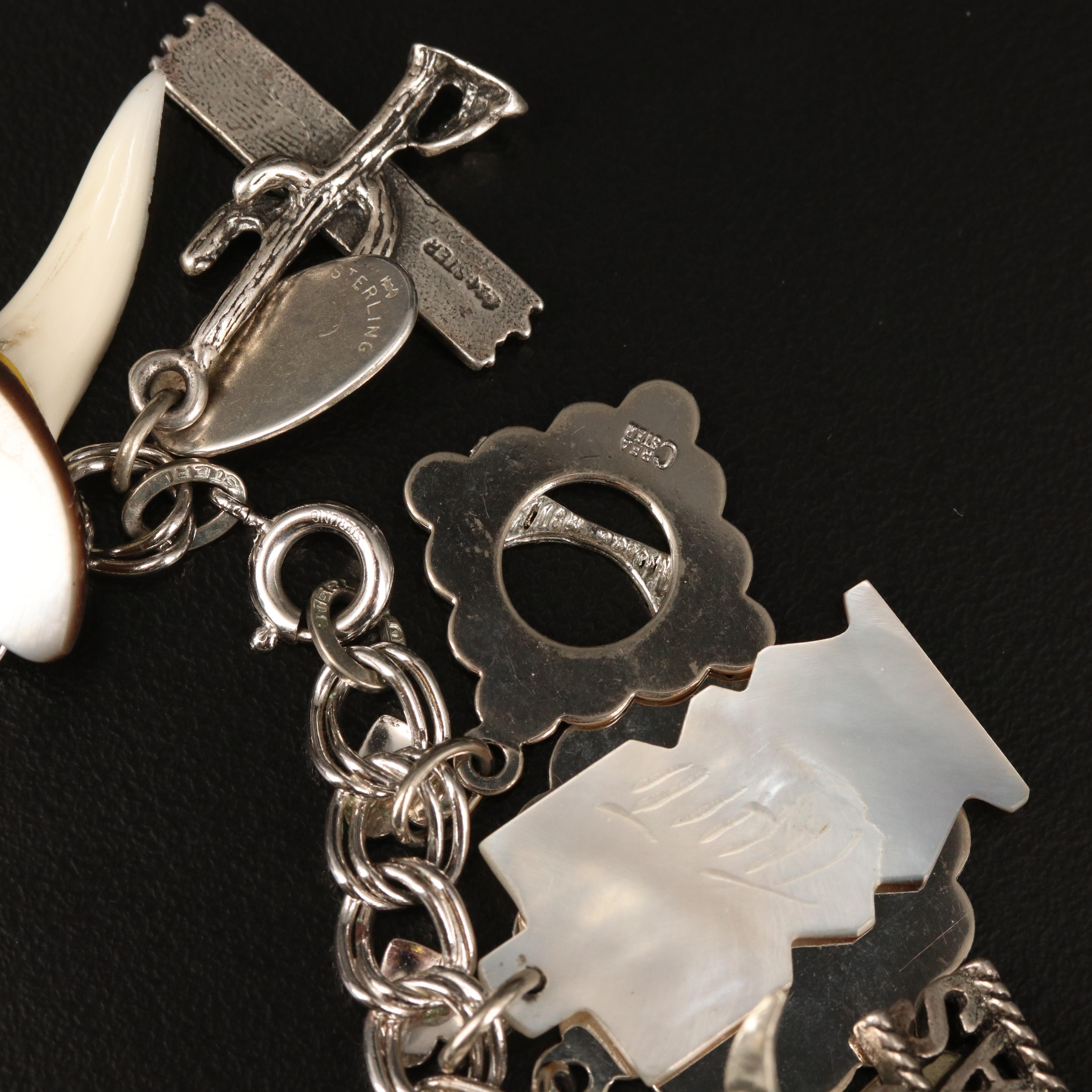 Vintage Beau Sterling Silver Charm Bracelet with Mother of Pearl Tiki Charm