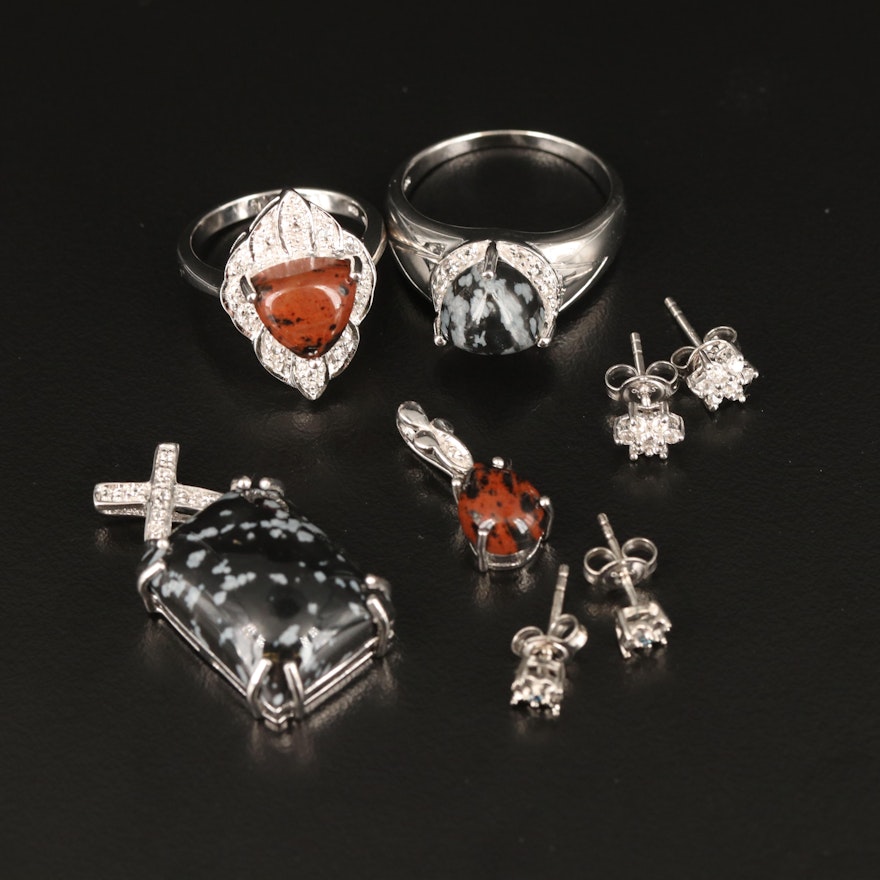 Sterling Silver Diamond, Mahogany and Snowflake Obsidian Jewelry