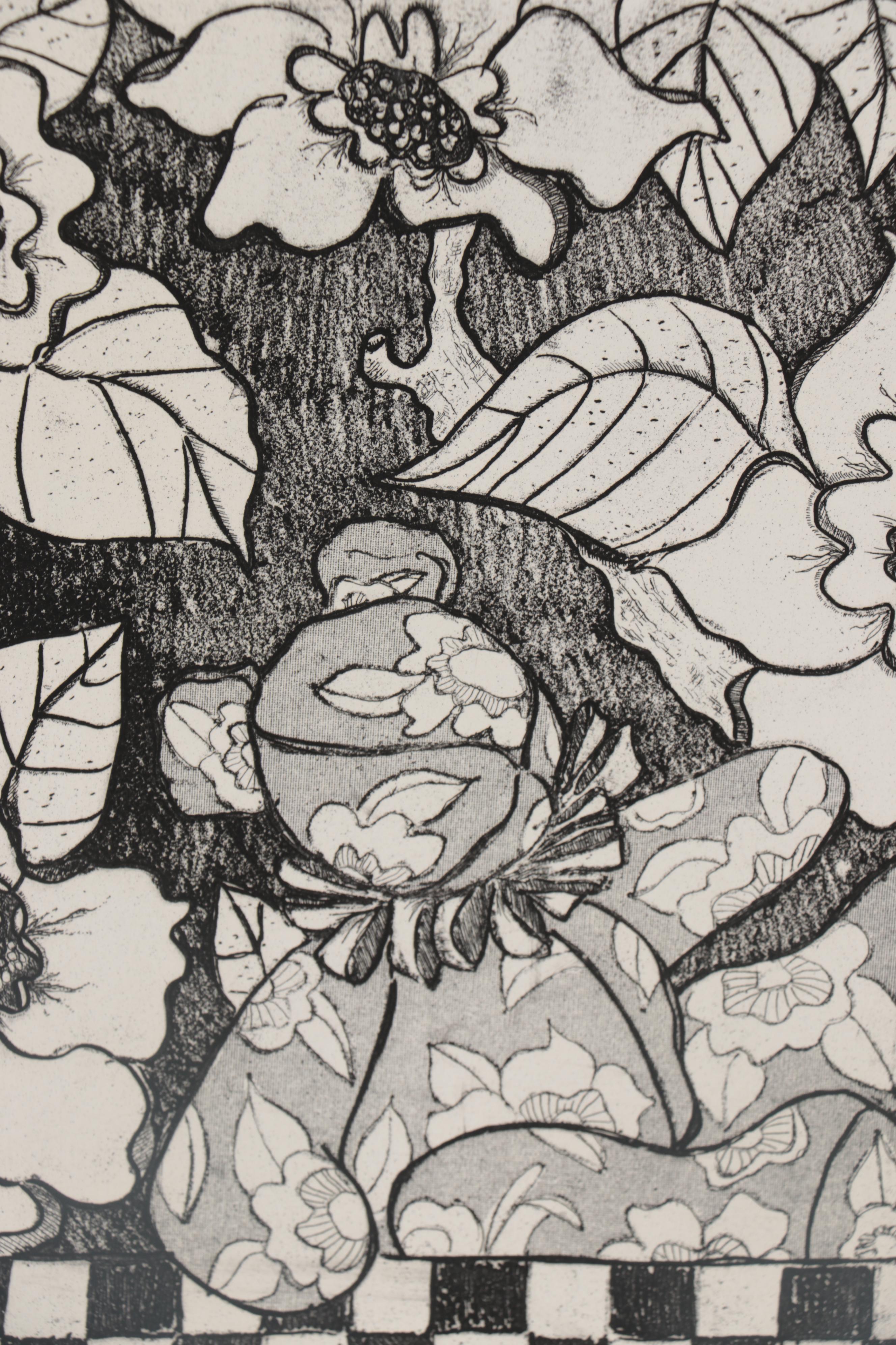 Christine Harris-Amos Etching of Teddy Bear and Flowers