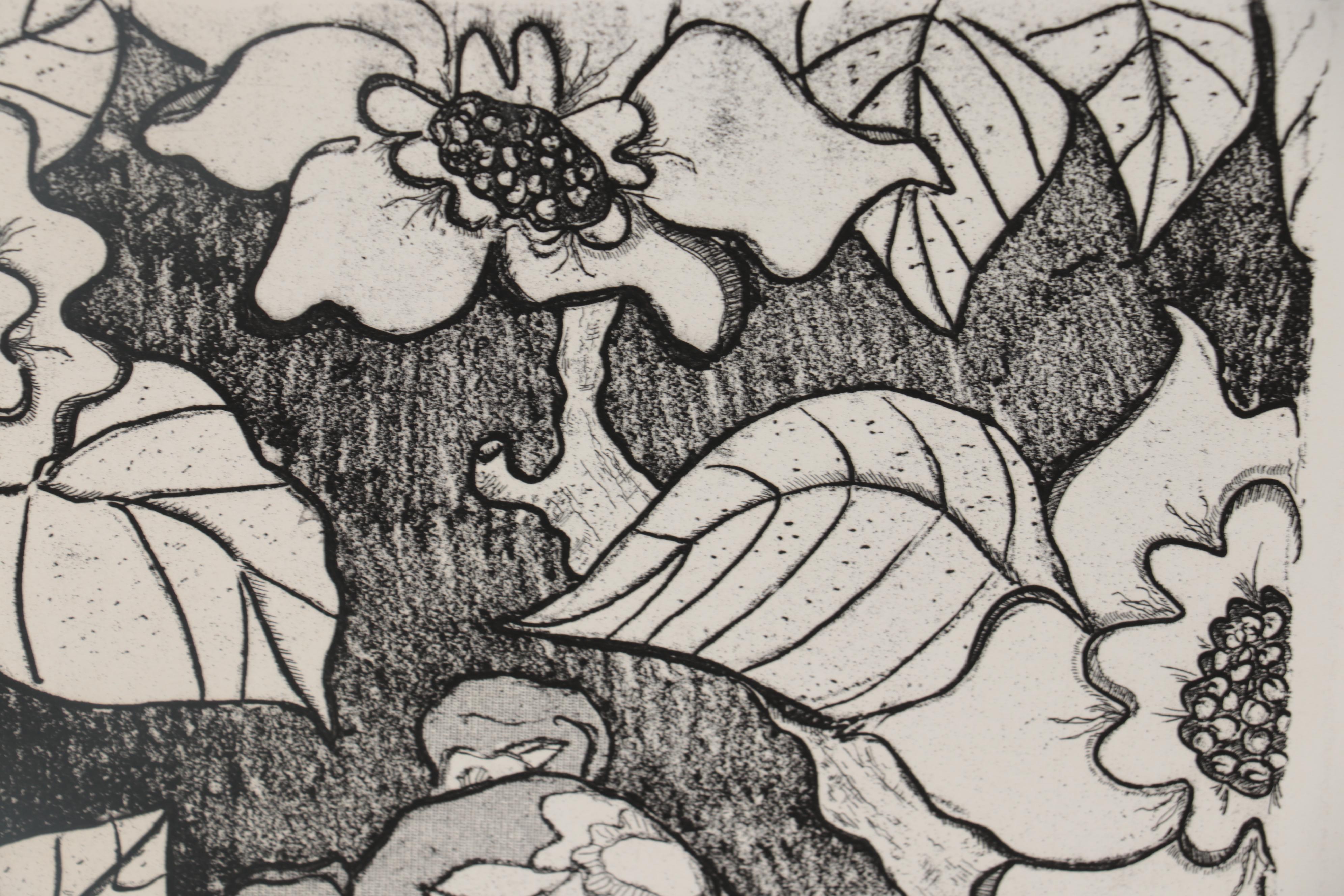 Christine Harris-Amos Etching of Teddy Bear and Flowers