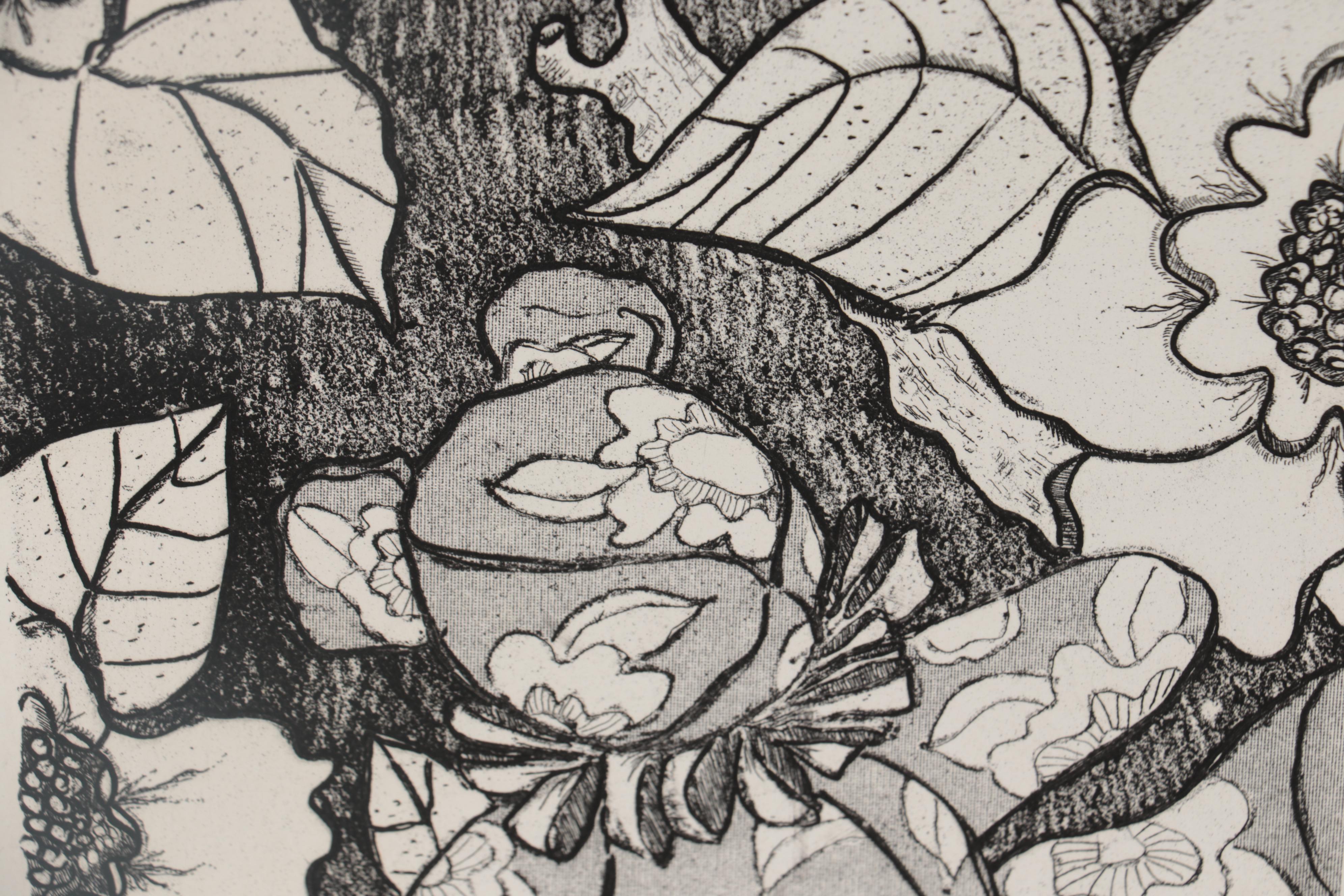 Christine Harris-Amos Etching of Teddy Bear and Flowers