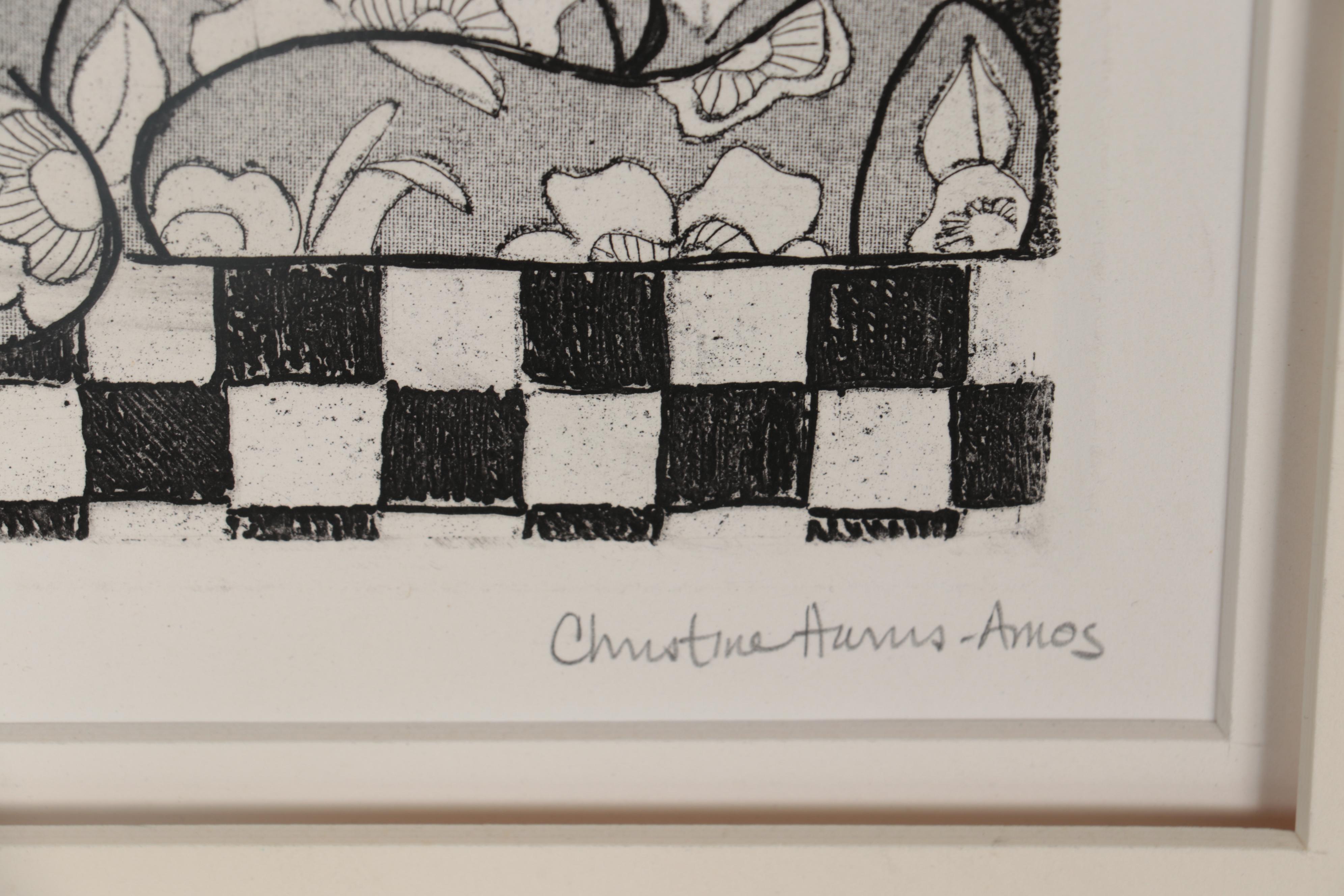 Christine Harris-Amos Etching of Teddy Bear and Flowers