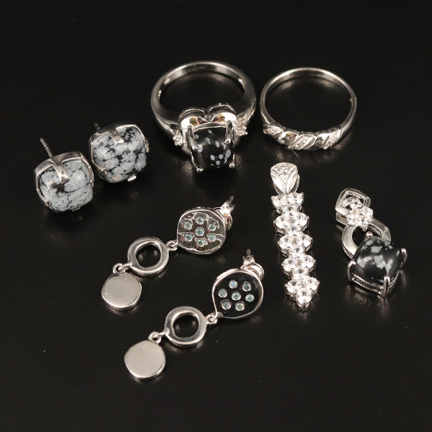 Sterling Pendants, Rings and Earrings with Diamonds and Snowflake Obsidian