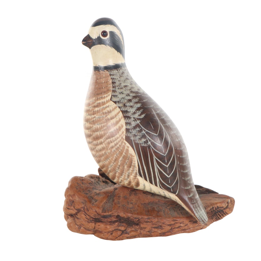 Chris Olson Painted Carved Wood Sculpture of Quail, Late 20th Century