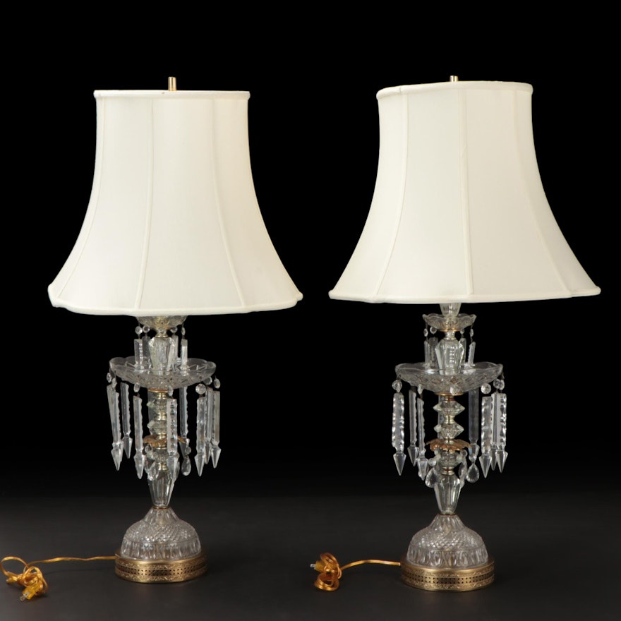 Regency Style Cut Crystal and Brass Table Lamps, Mid-20th Century