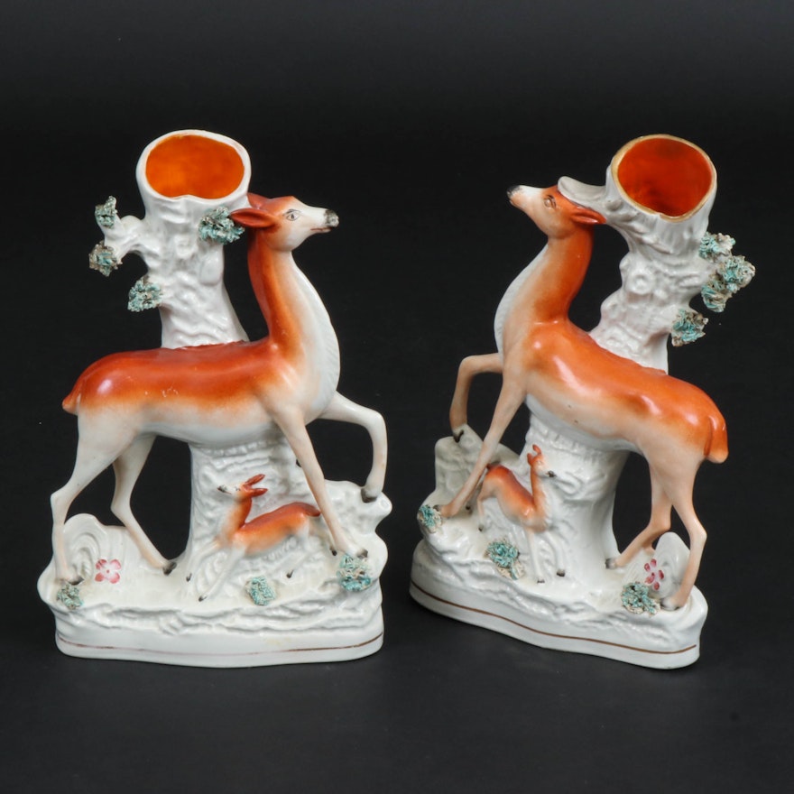 Staffordshire Ceramic Stag and Doe with Fawns Spill Vases, Late 19th Century