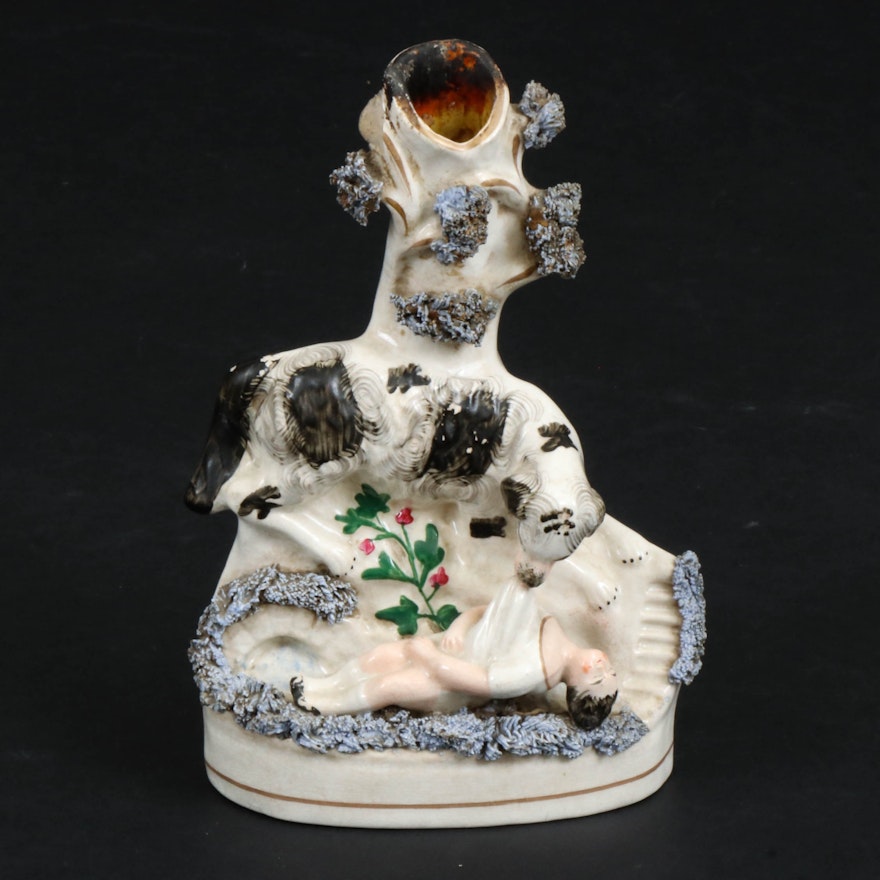 Staffordshire Ceramic "The Rescue Dog" Spill Vase, Mid-19th Century