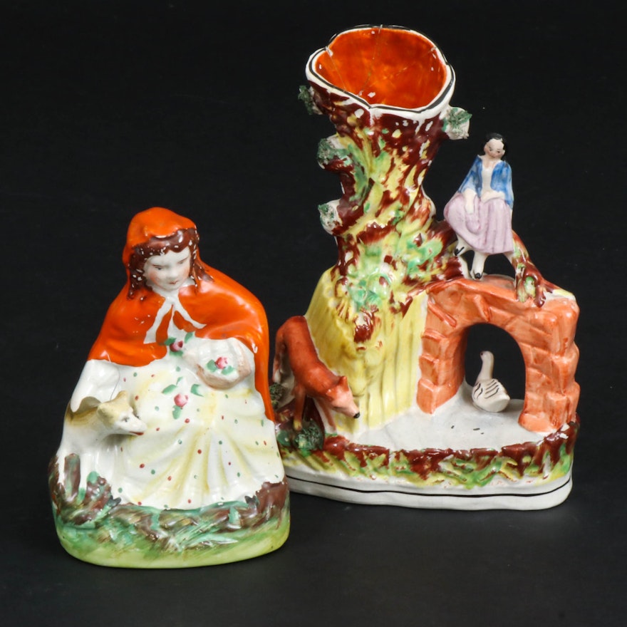 Staffordshire Little Red Riding Hood Figurine and Girl on Bridge Spill Vase