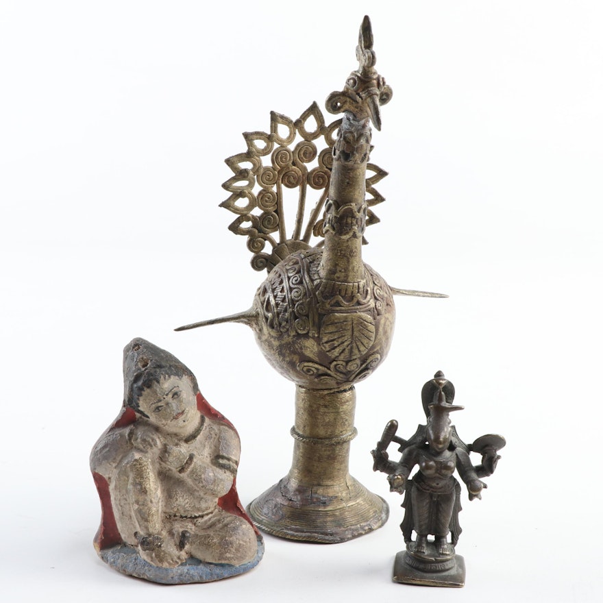 Indian Brass Dhokra Peacock with Hindu Deity Figurines