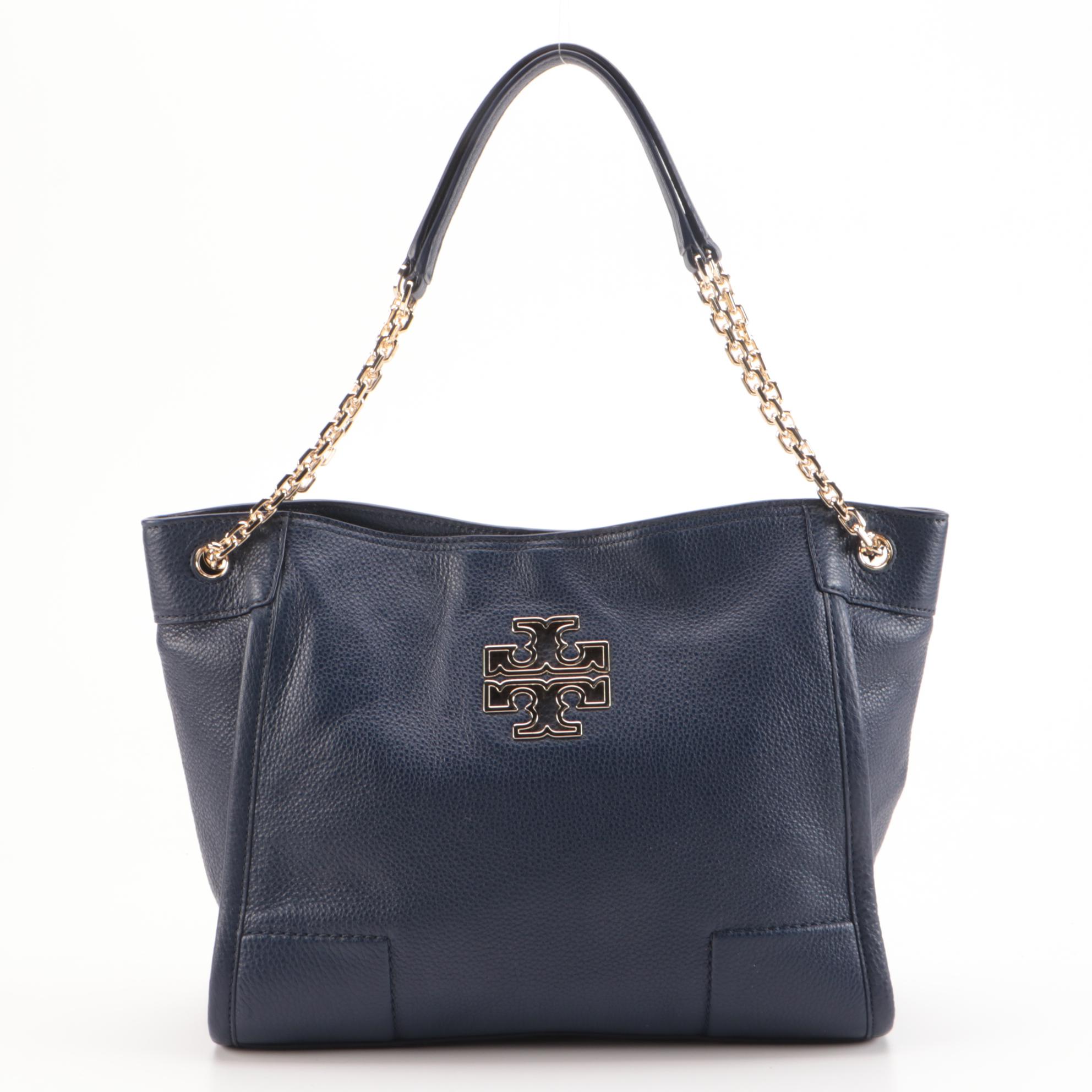 Tory Burch Navy Pebble Grain Leather Tote and Black Saffiano Textured Zip Wallet