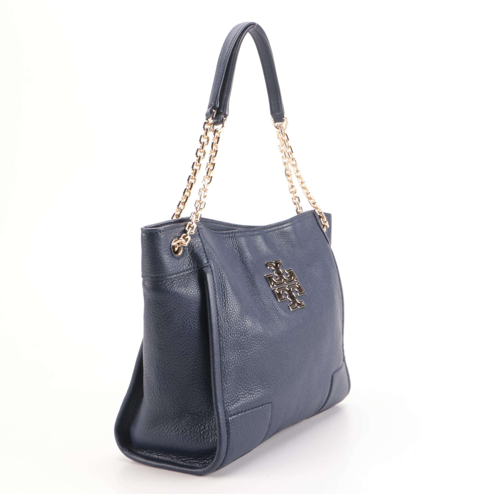 Tory Burch Navy Pebble Grain Leather Tote and Black Saffiano Textured Zip Wallet
