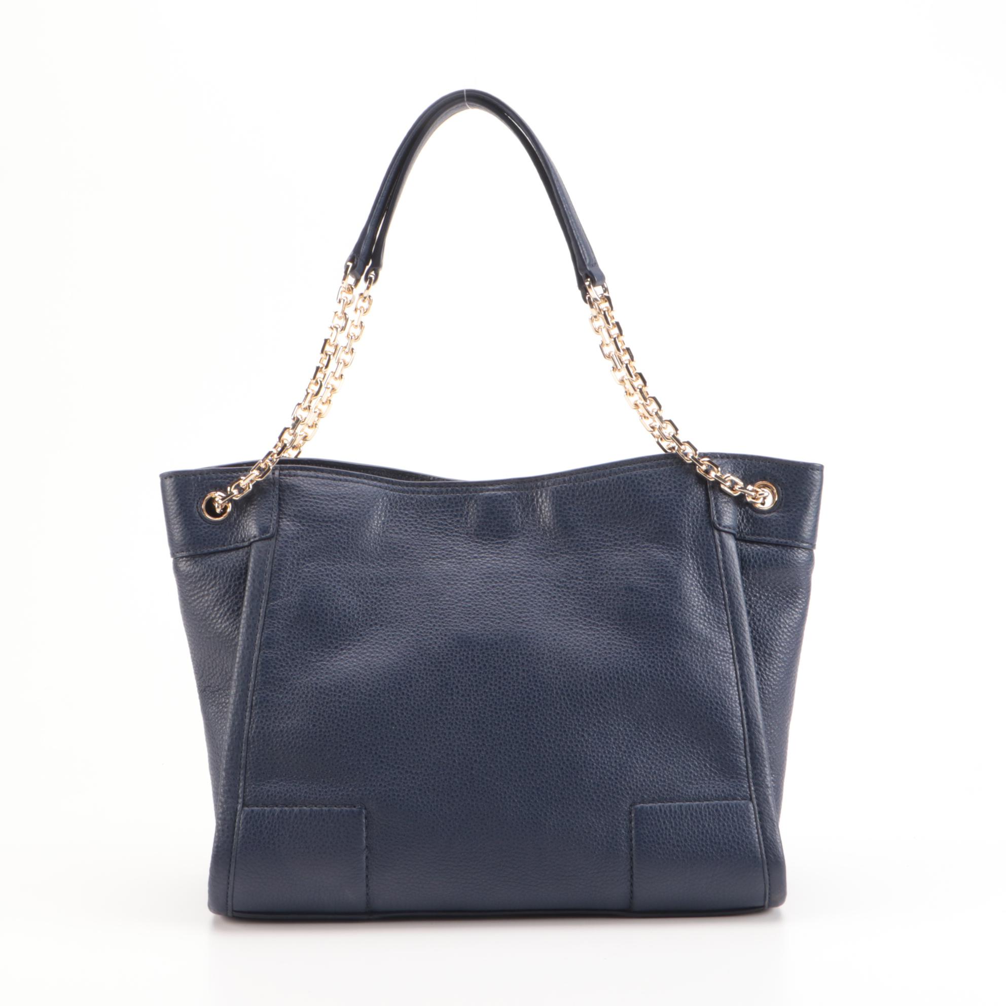 Tory Burch Navy Pebble Grain Leather Tote and Black Saffiano Textured Zip Wallet