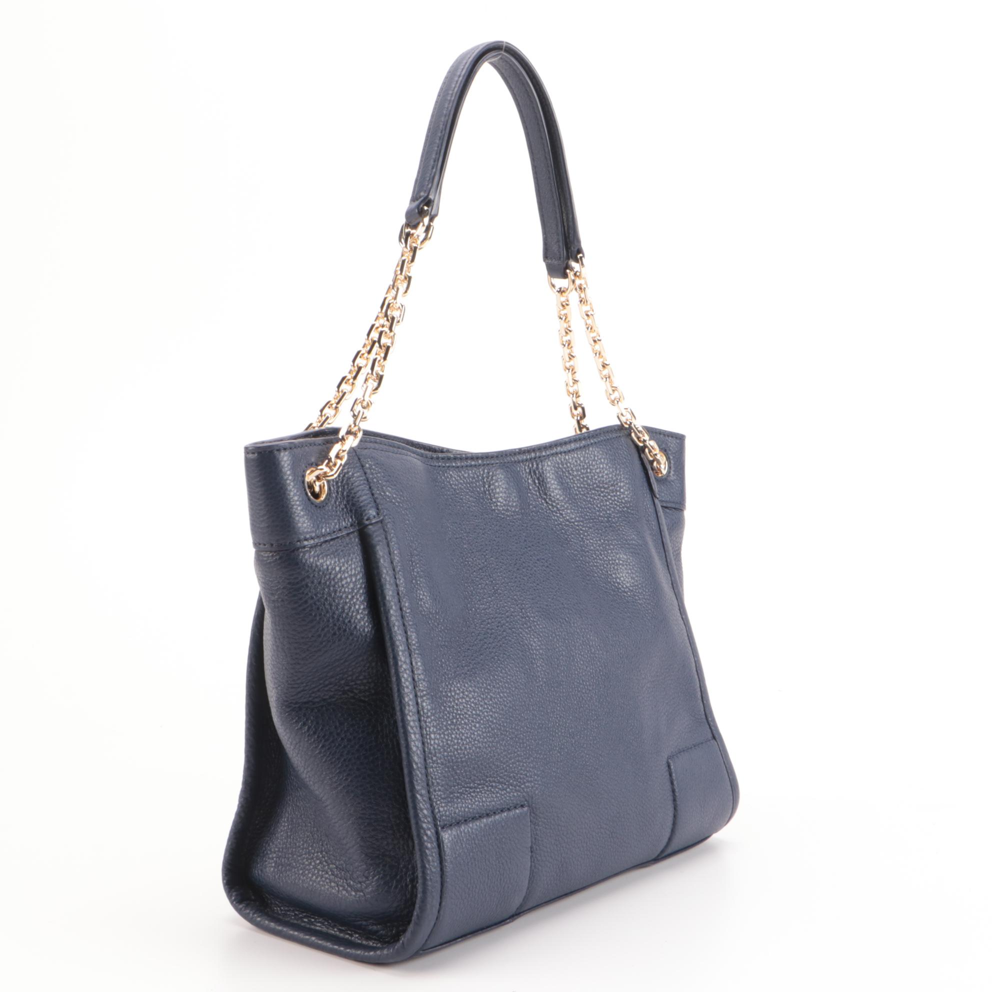 Tory Burch Navy Pebble Grain Leather Tote and Black Saffiano Textured Zip Wallet