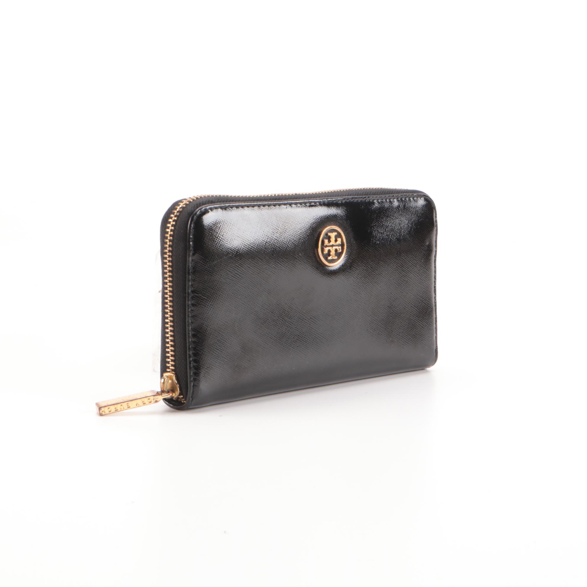 Tory Burch Navy Pebble Grain Leather Tote and Black Saffiano Textured Zip Wallet