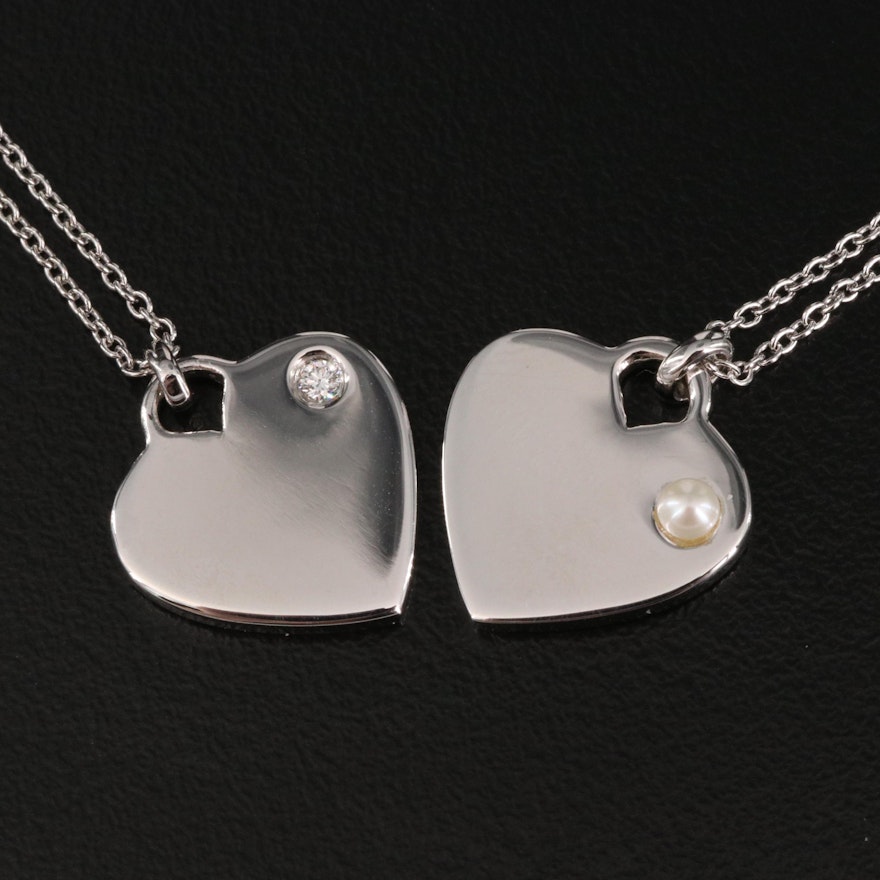 Sterling Silver Diamond and Pearl Heart Necklaces