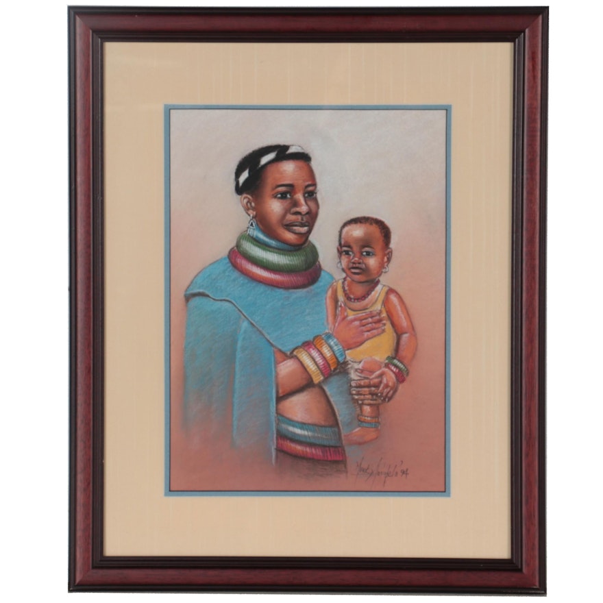 Mack Mojapelo Pastel Drawing of Mother and Child, 1994