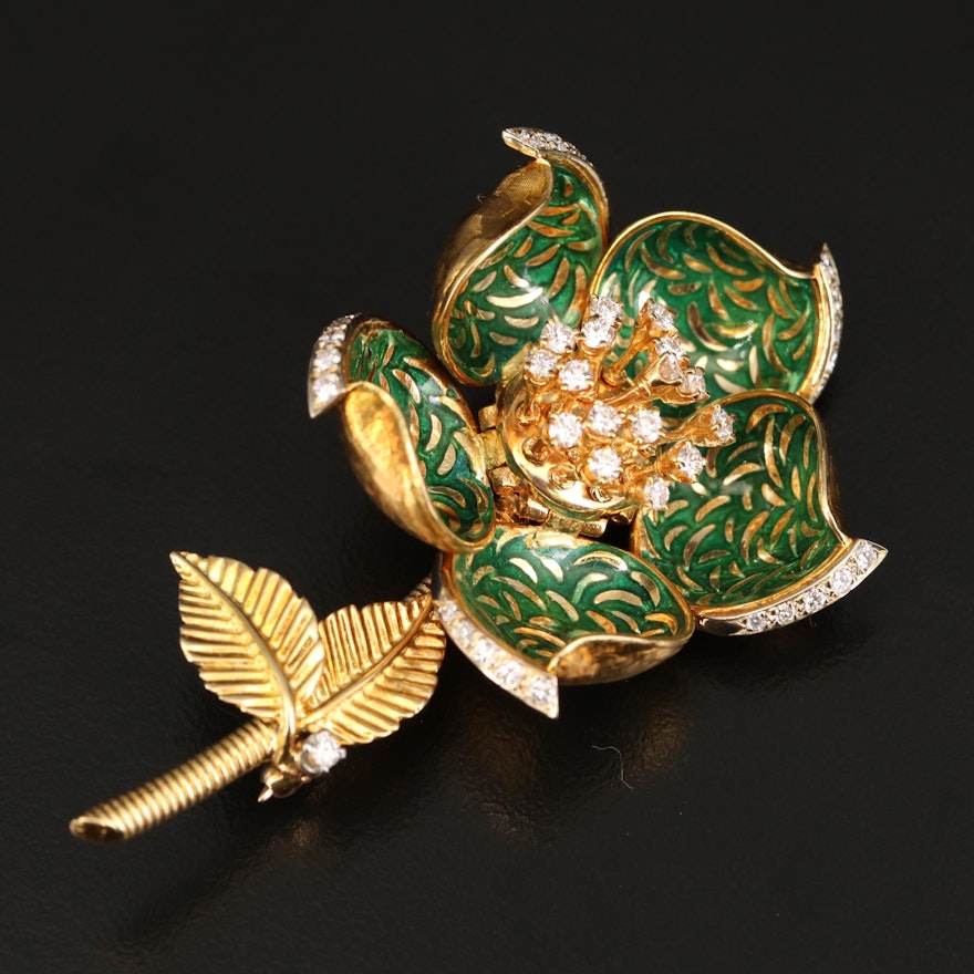 Hammerman Bros. 18K 1.07 CTW Diamond and Enamel Brooch with Articulated Petals