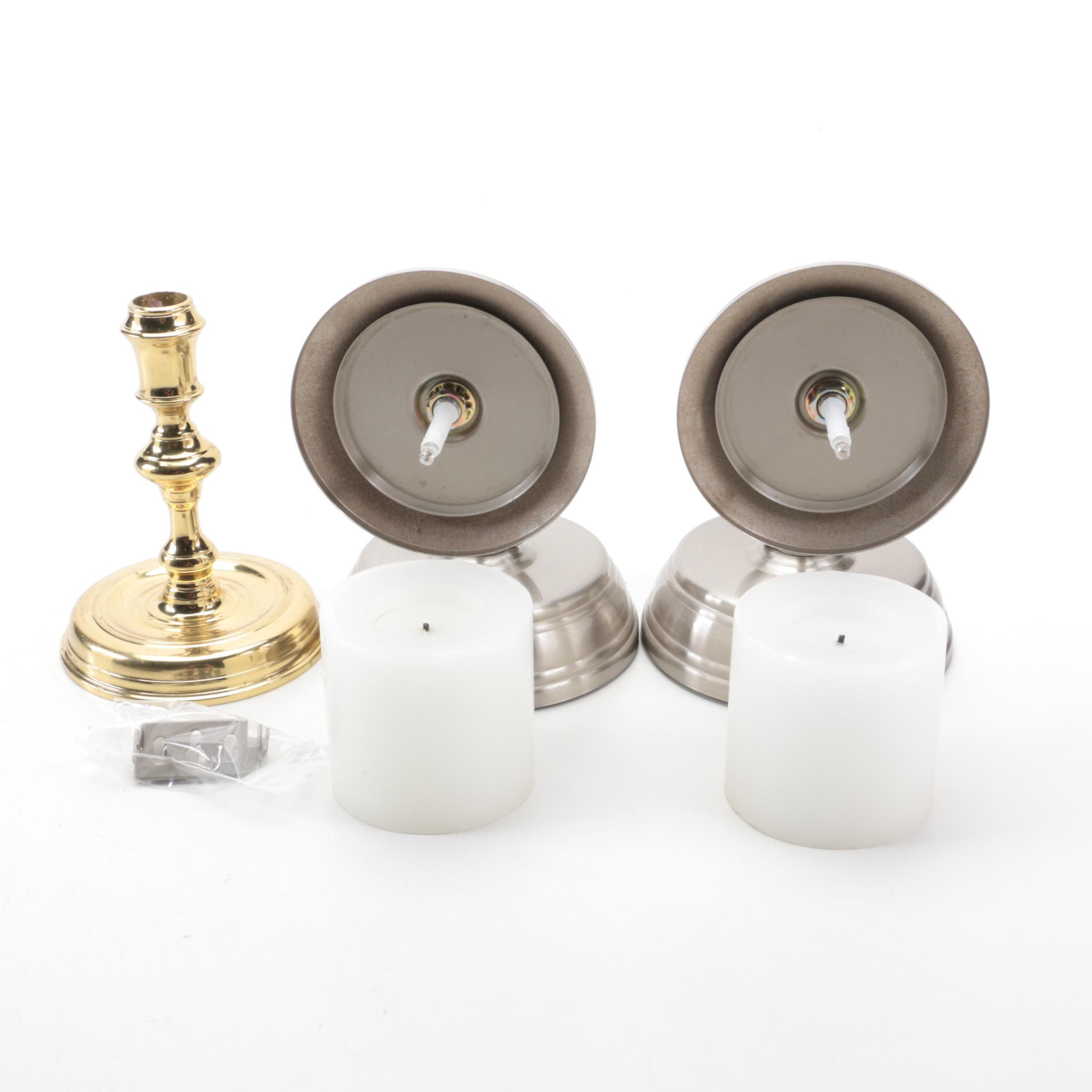 Contemporary Single Light Flameless Candle Wall Sconces with Brass Candlestick