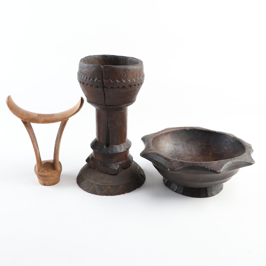 Ethiopian "Barshin" Neck Rest, Wood Vessel and Philippine Wood Offering Bowl