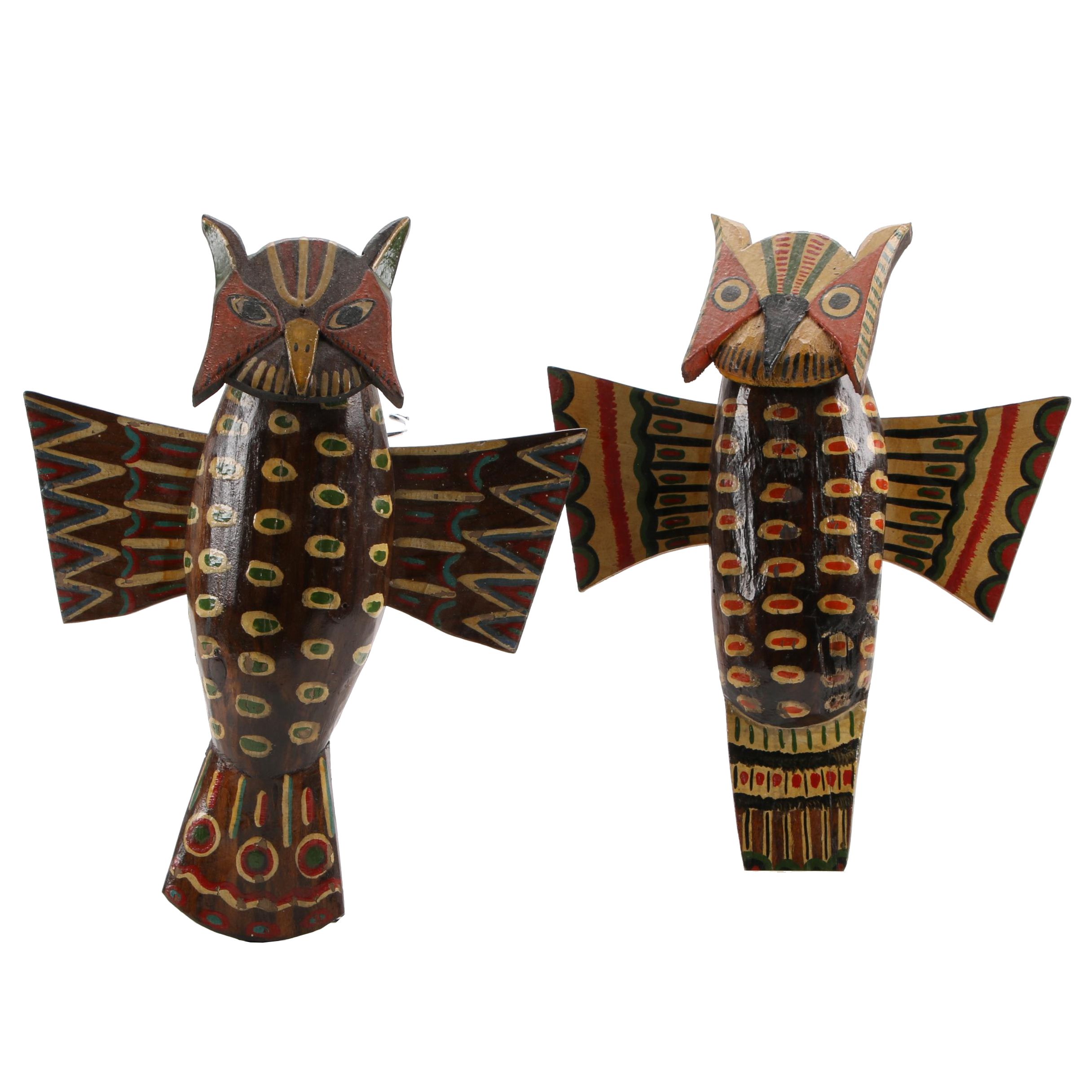 Folk Art Polychrome Wood Owls