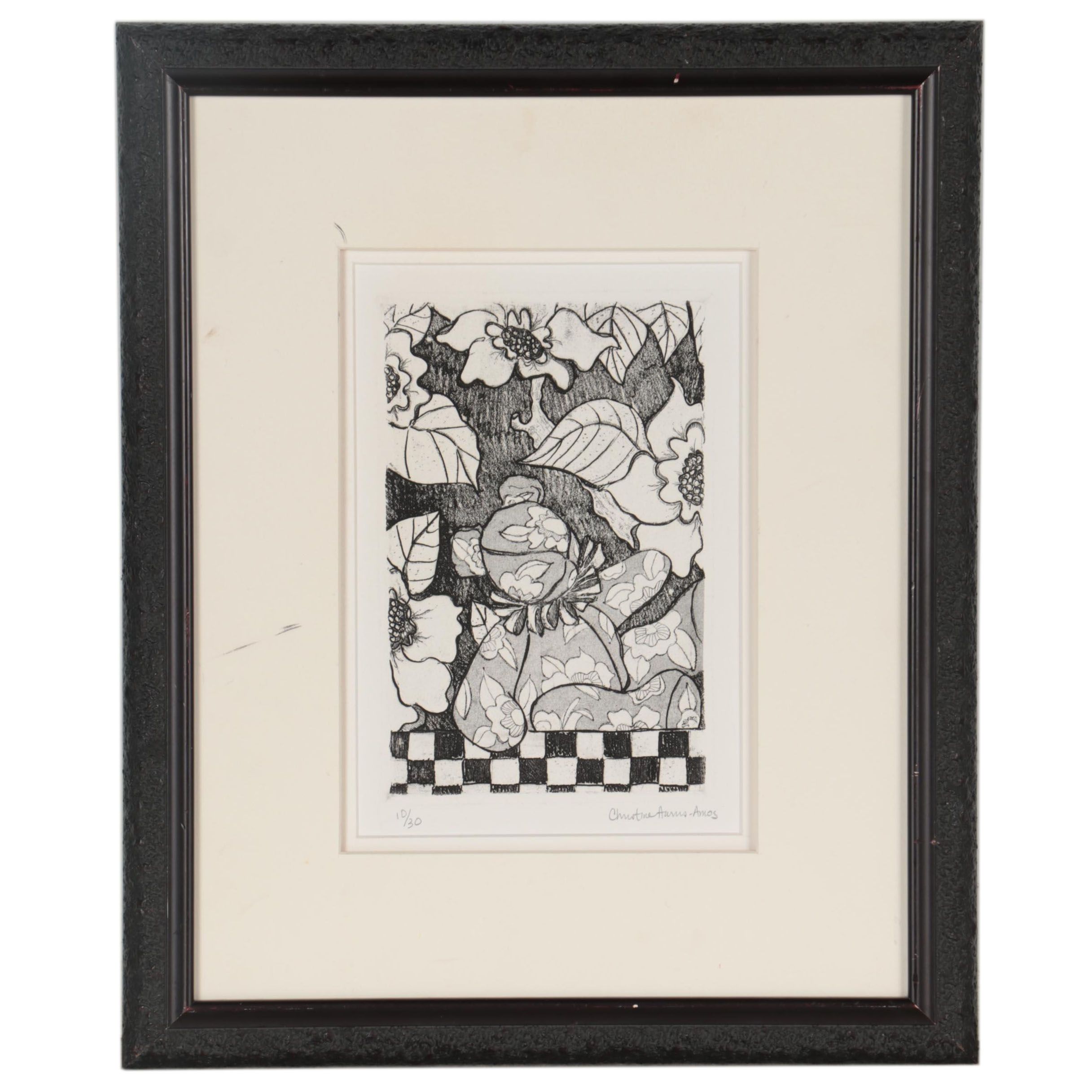 Christine Harris-Amos Etching of Teddy Bear and Flowers