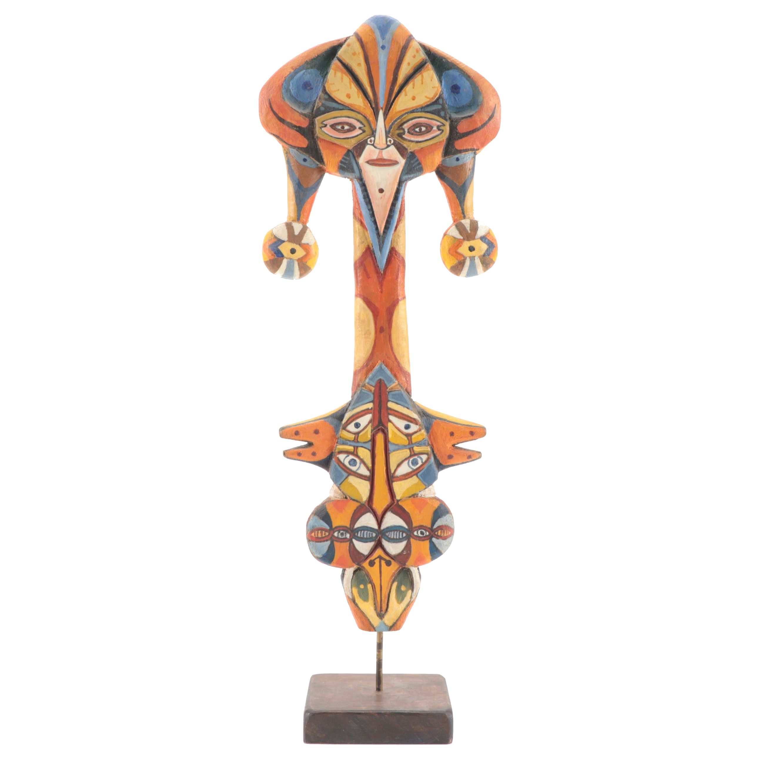 Robert Szesko Acrylic Painted Carved Wood Sculpture, Late 20th Century