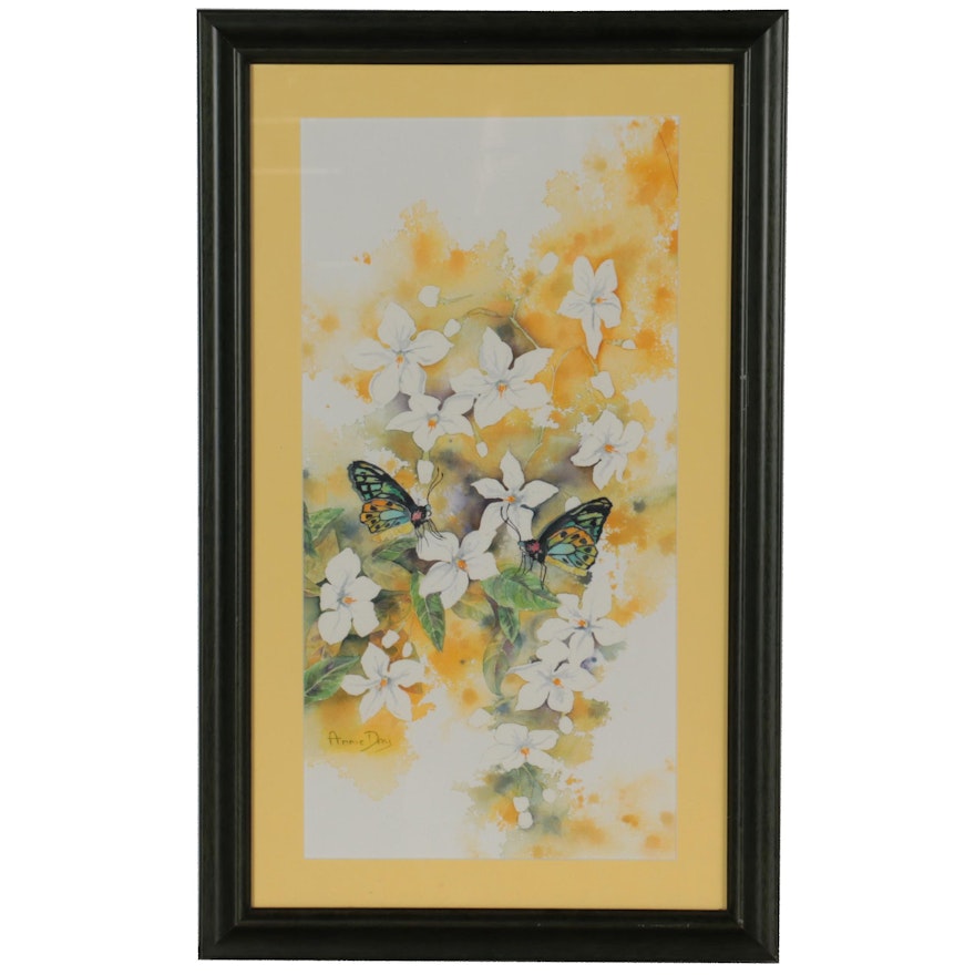 Annie Day Watercolor Painting of Floral Scene with Butterflies