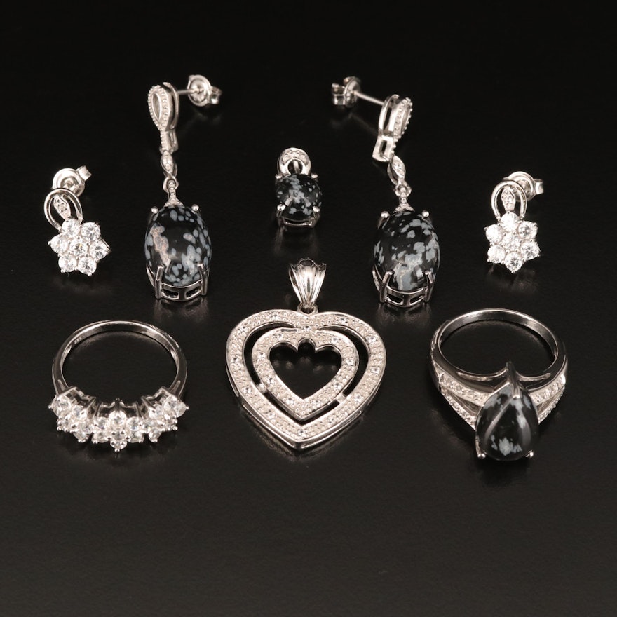 Sterling Jewelry Including Obsidian, White Zircon and White Topaz