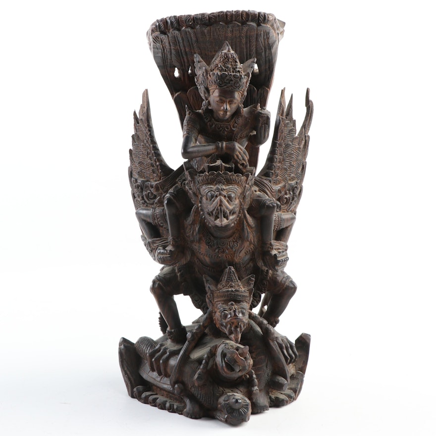 Indonesian Rosewood Carved Sculpture of Garuda and Vishnu