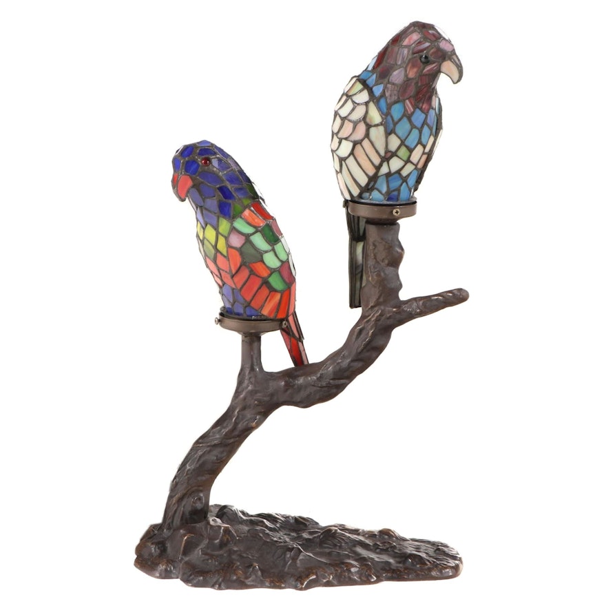 Colored Slag Glass Parrots on Branch Form Table Lamp