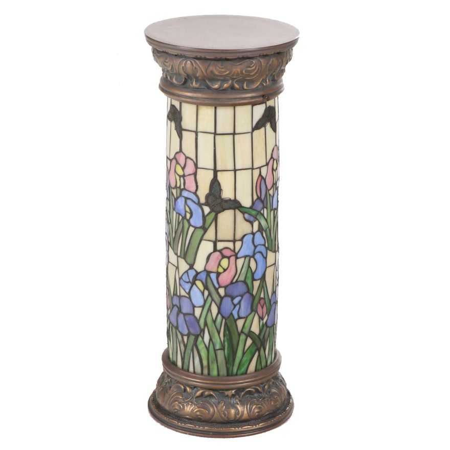 Floral Motif Slag Glass and Composite Column Floor Lamp