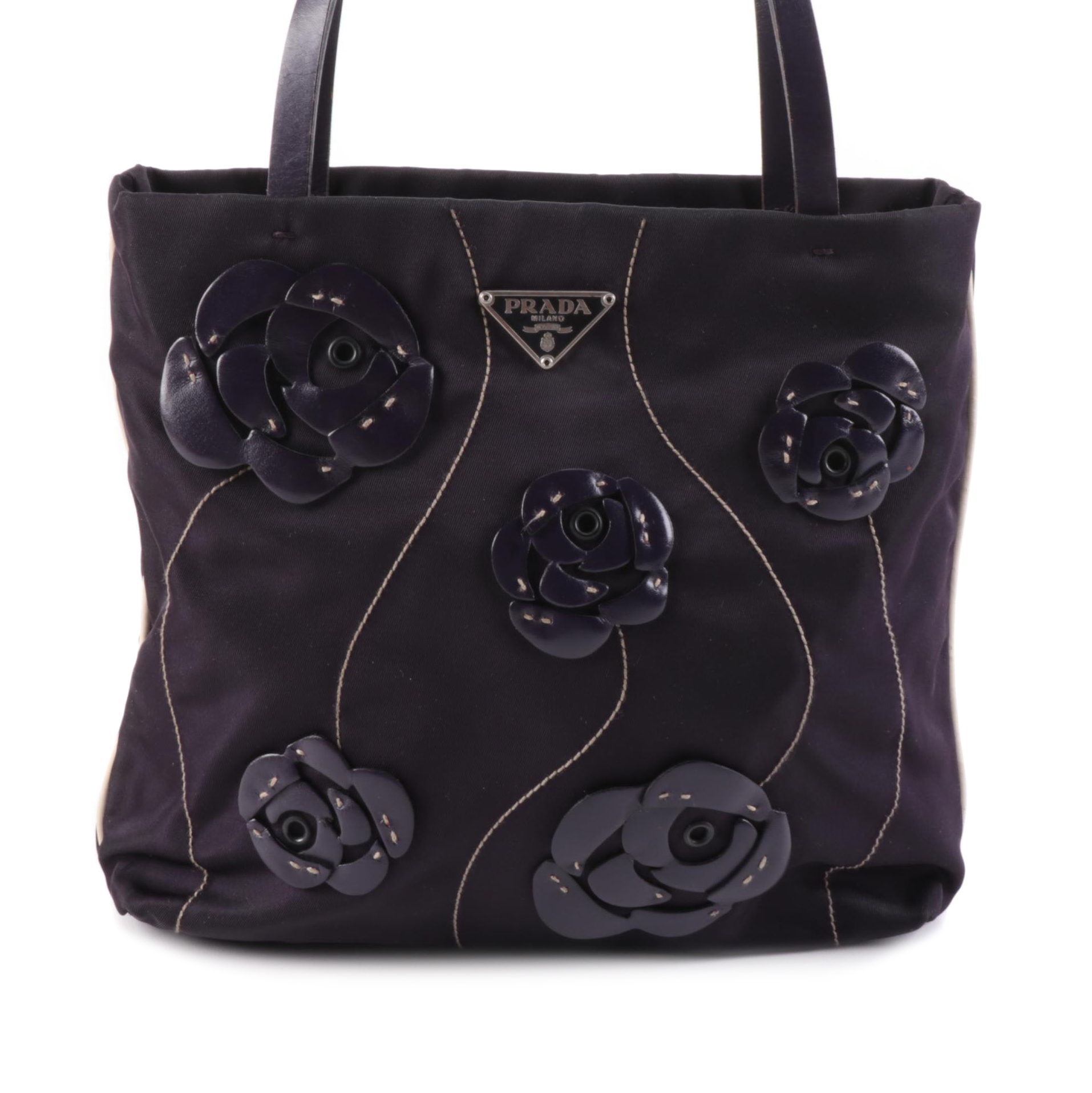 Prada Tessuto Small Tote Bag with Contrast Piping and Appliquéd Leather Roses