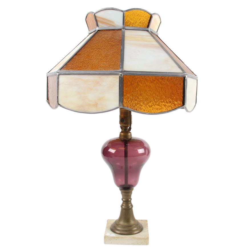 Pebbled Amber and Slag Glass Lampshade with Amethyst Glass Table Lamp Body