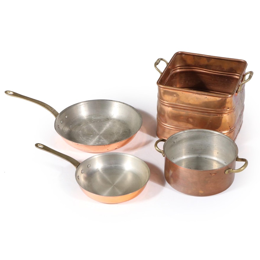 Copper Sauce Pans and Stock Pot with Square Copper Bucket