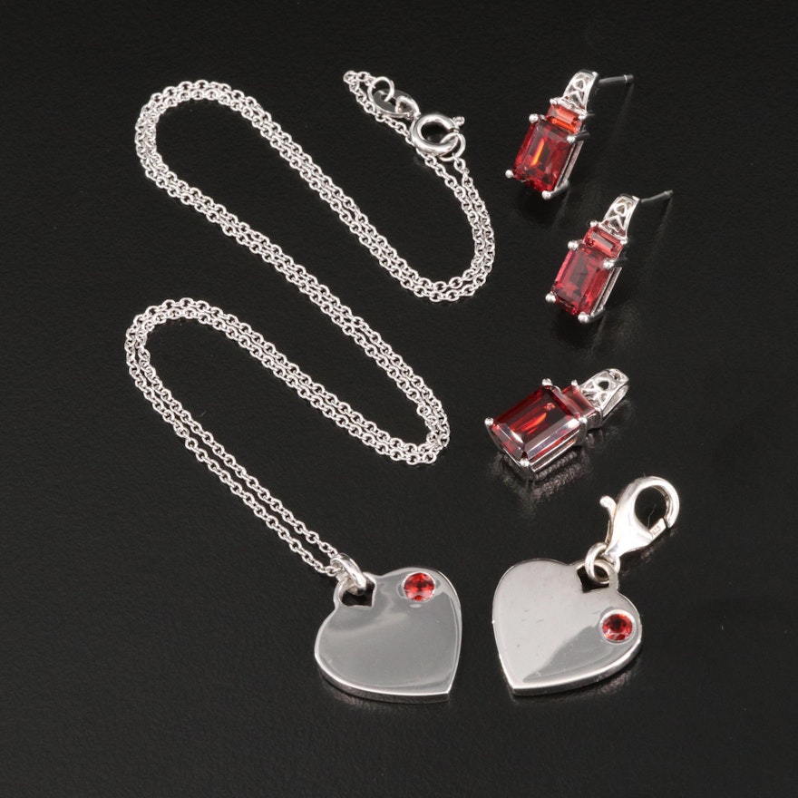 Sterling Silver Garnet Jewelry Featuring Heart Pendant and Charm